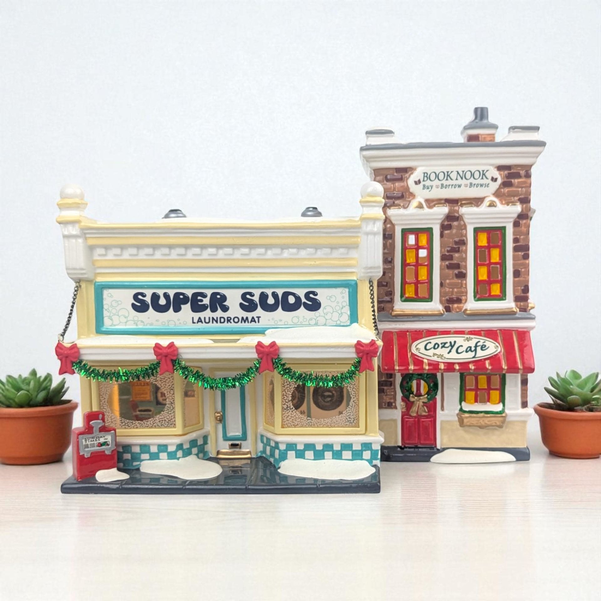 Vintage 1995 Dept 56 Snow Village Super Suds Laundromat, Ceramic Christmas Village House with Light, Holiday Decor Gift