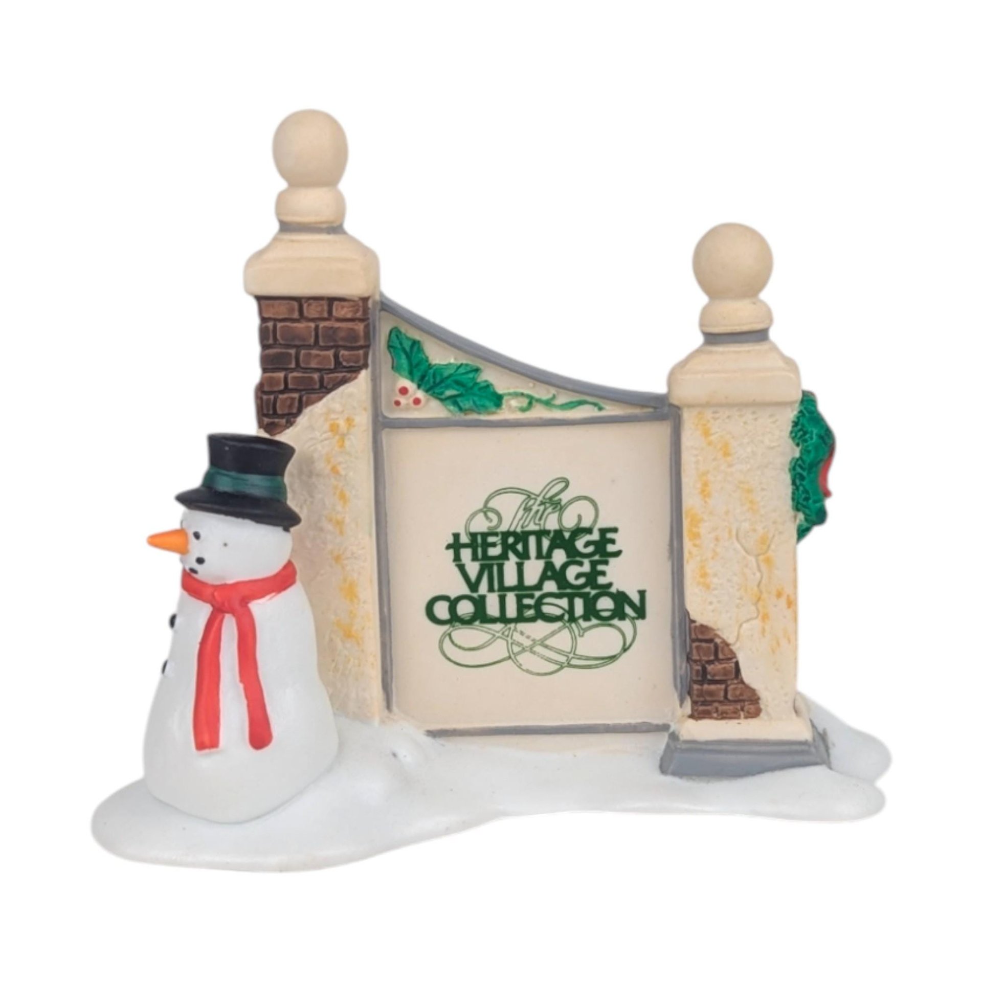 Vintage Dept 56 Village Sign with Snowman, Heritage Village Collection Christmas Accessory, Miniature Figurine for Holiday Display