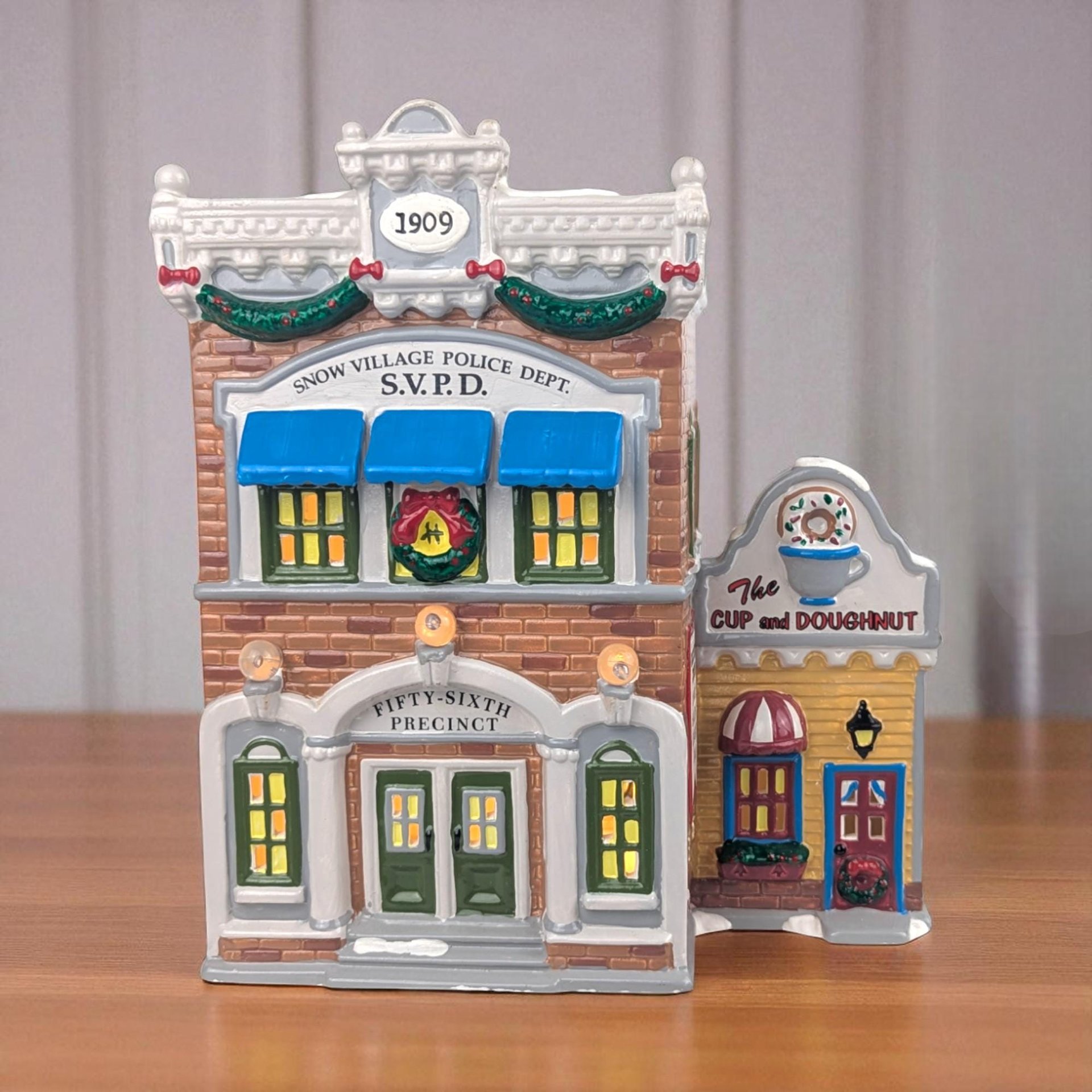 Vintage Dept 56 Village Police Station, Snow Village Lighted Christmas House with Doughnut Shop, Fifty-Sixth Precinct Gift for Officer