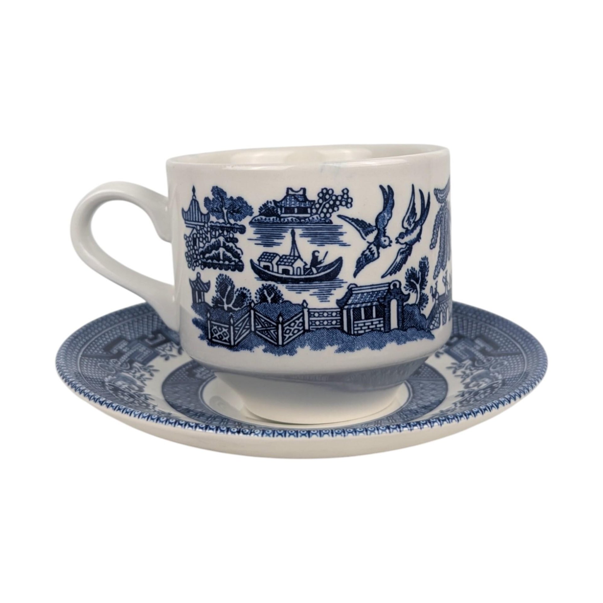 Vintage Churchill Blue Willow 3-Piece Place Setting, Classic Blue and White Chinoiserie Dinner Plate Cup and Saucer, Made in England