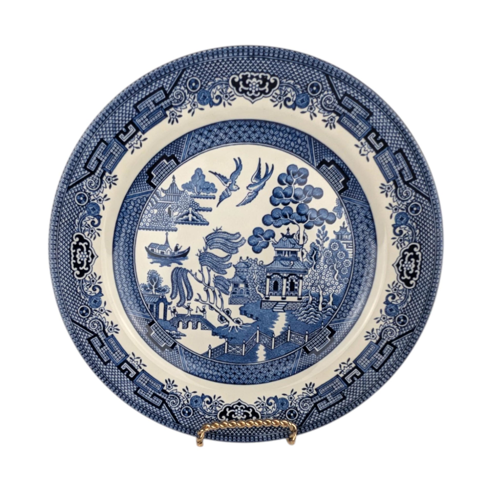 Vintage Churchill Blue Willow 3-Piece Place Setting, Classic Blue and White Chinoiserie Dinner Plate Cup and Saucer, Made in England