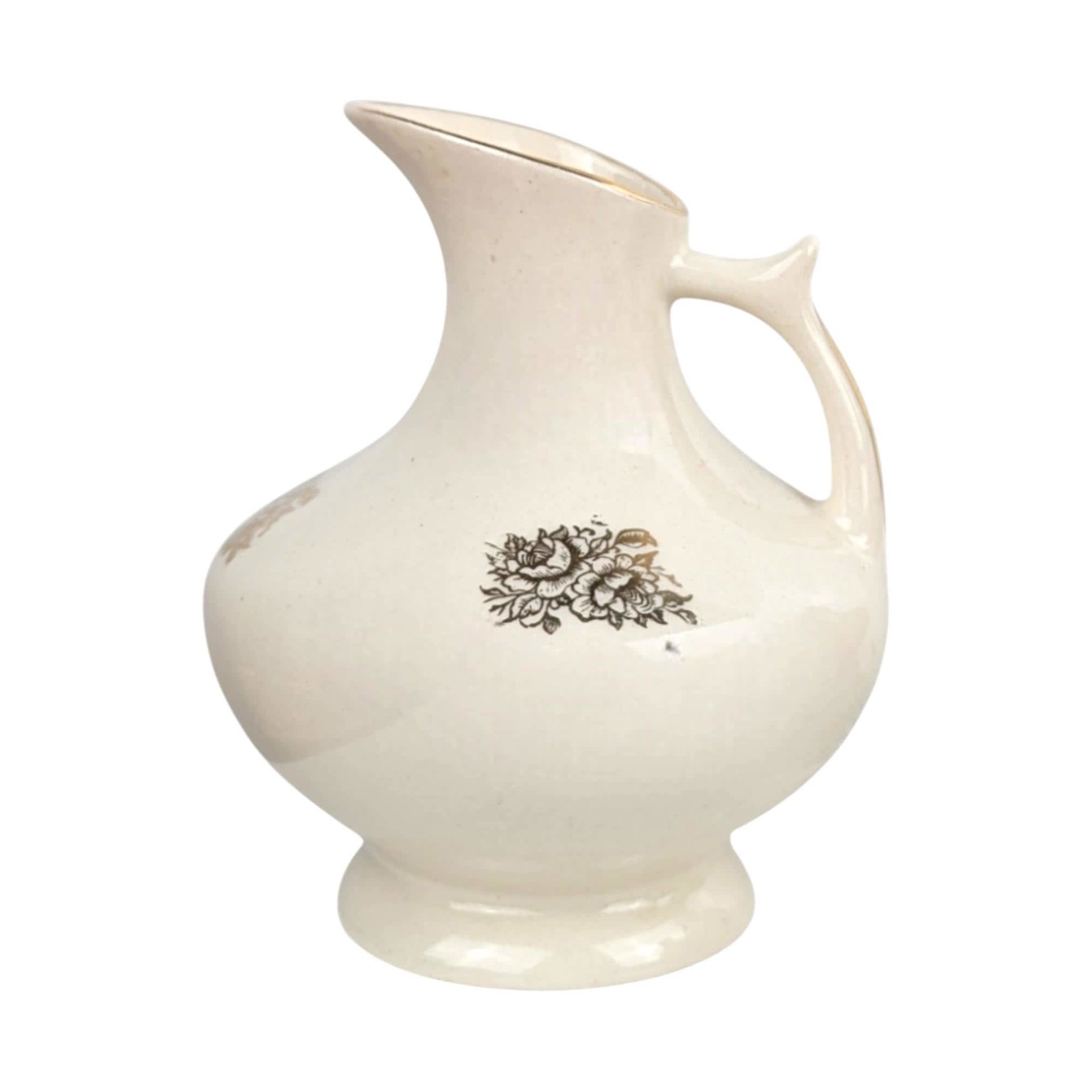 Vintage Cream Ceramic Bud Vase Trio: MCM Pitcher Vases with Gold Trim & Flowers