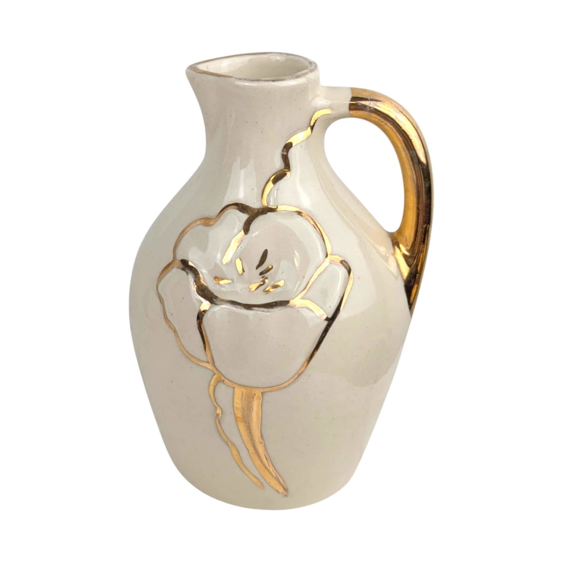 Vintage Cream Ceramic Bud Vase Trio: MCM Pitcher Vases with Gold Trim & Flowers