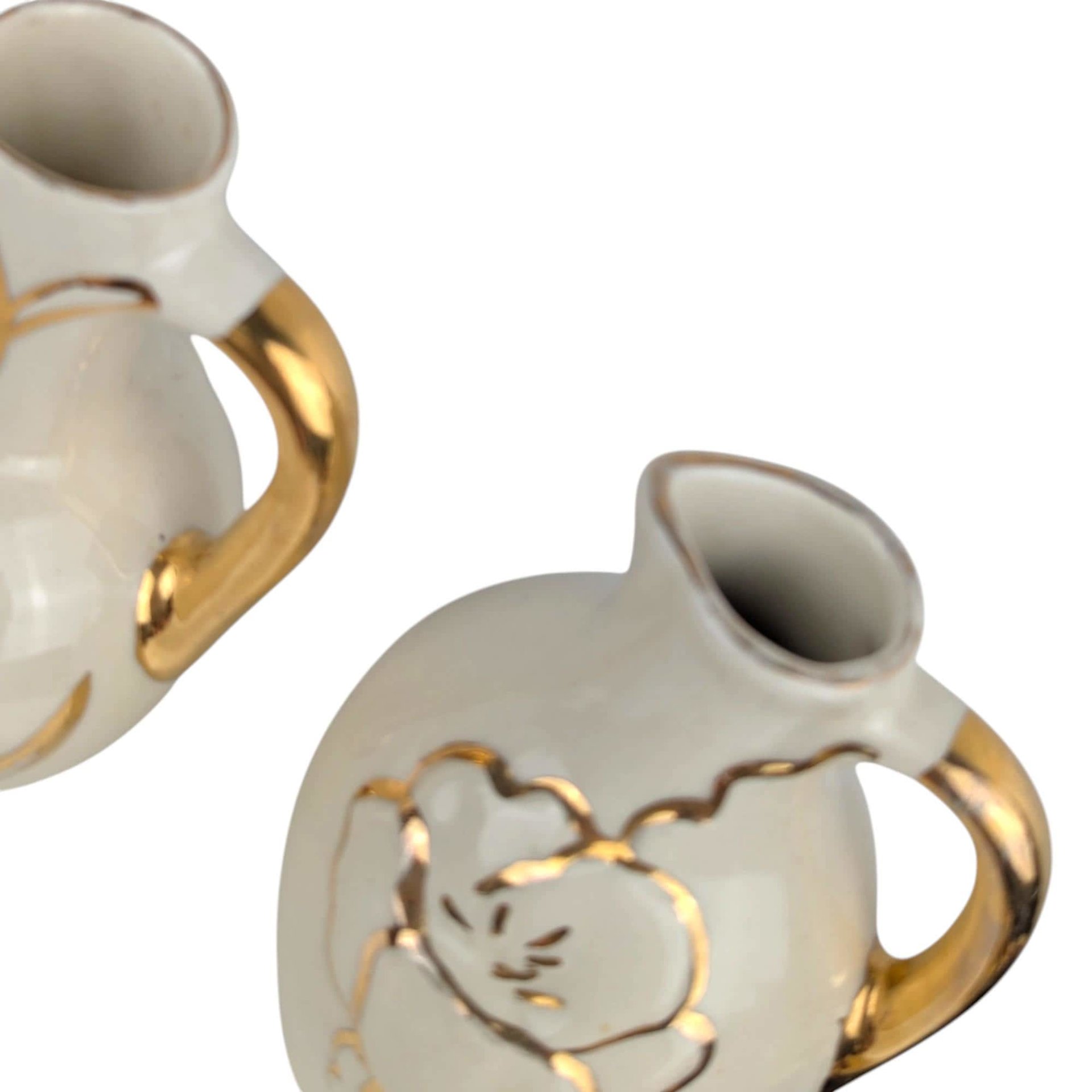 Vintage Cream Ceramic Bud Vase Trio: MCM Pitcher Vases with Gold Trim & Flowers