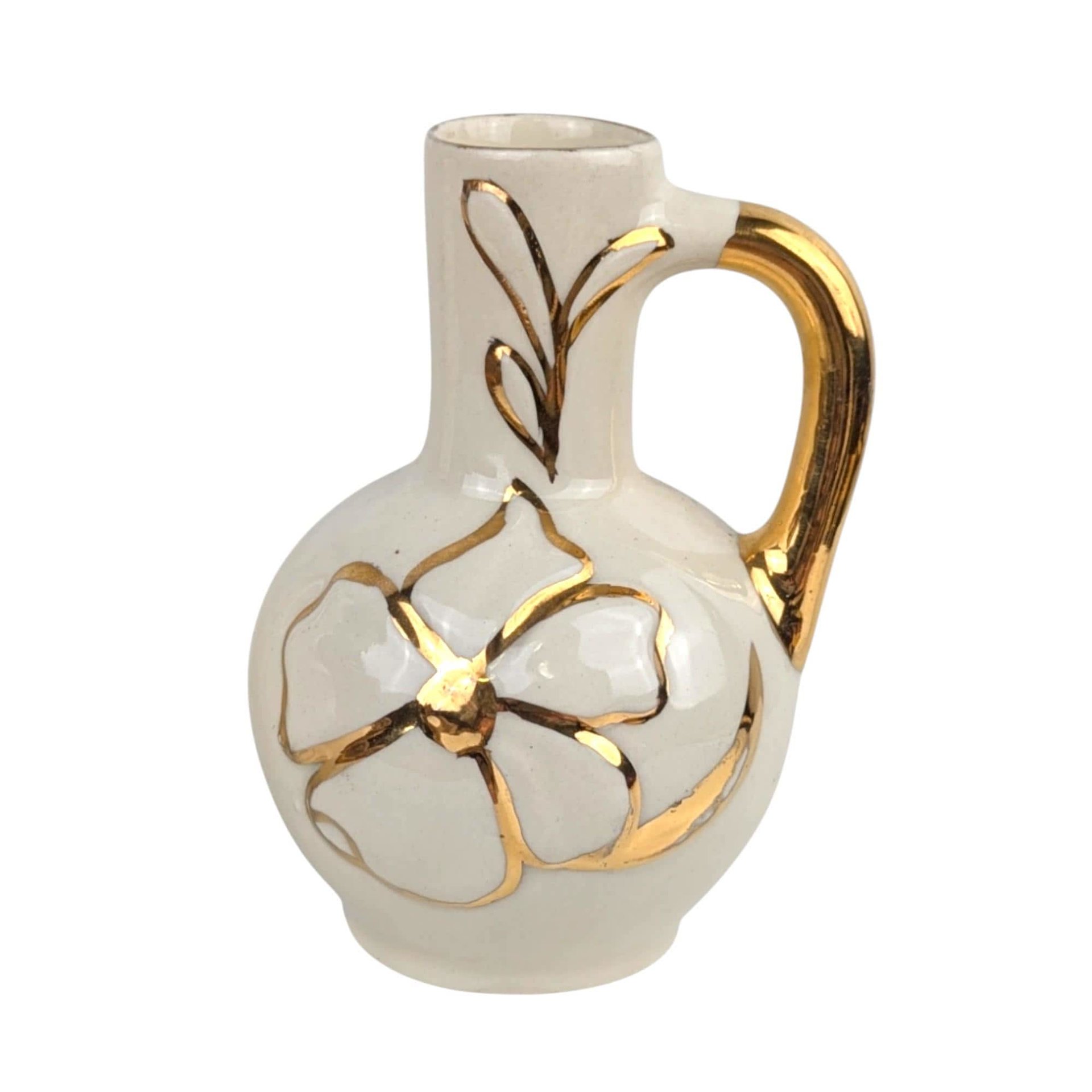 Vintage Cream Ceramic Bud Vase Trio: MCM Pitcher Vases with Gold Trim & Flowers