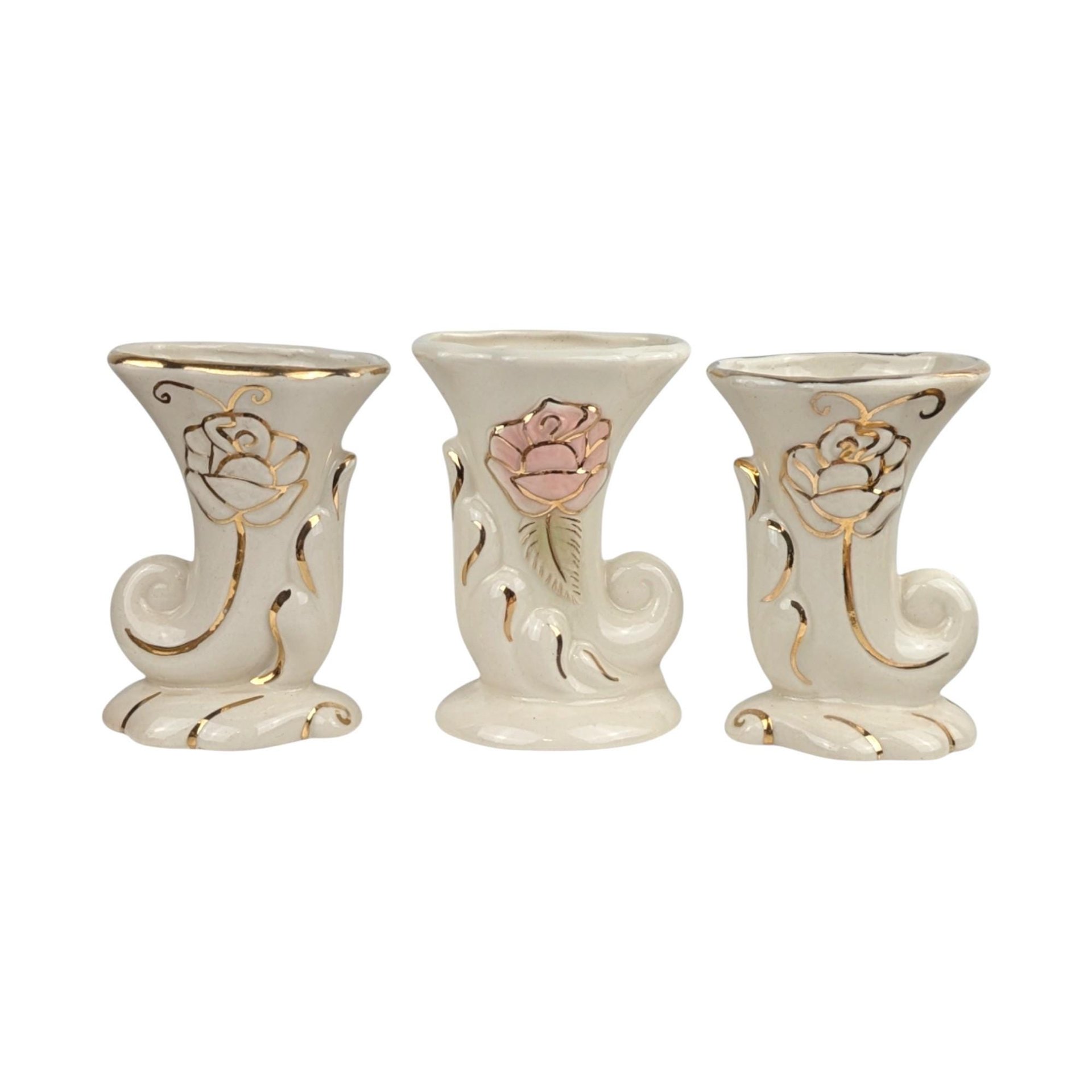 Vintage Cornucopia Bud Vases: Cream Ceramic with Pink Roses, Set of 3