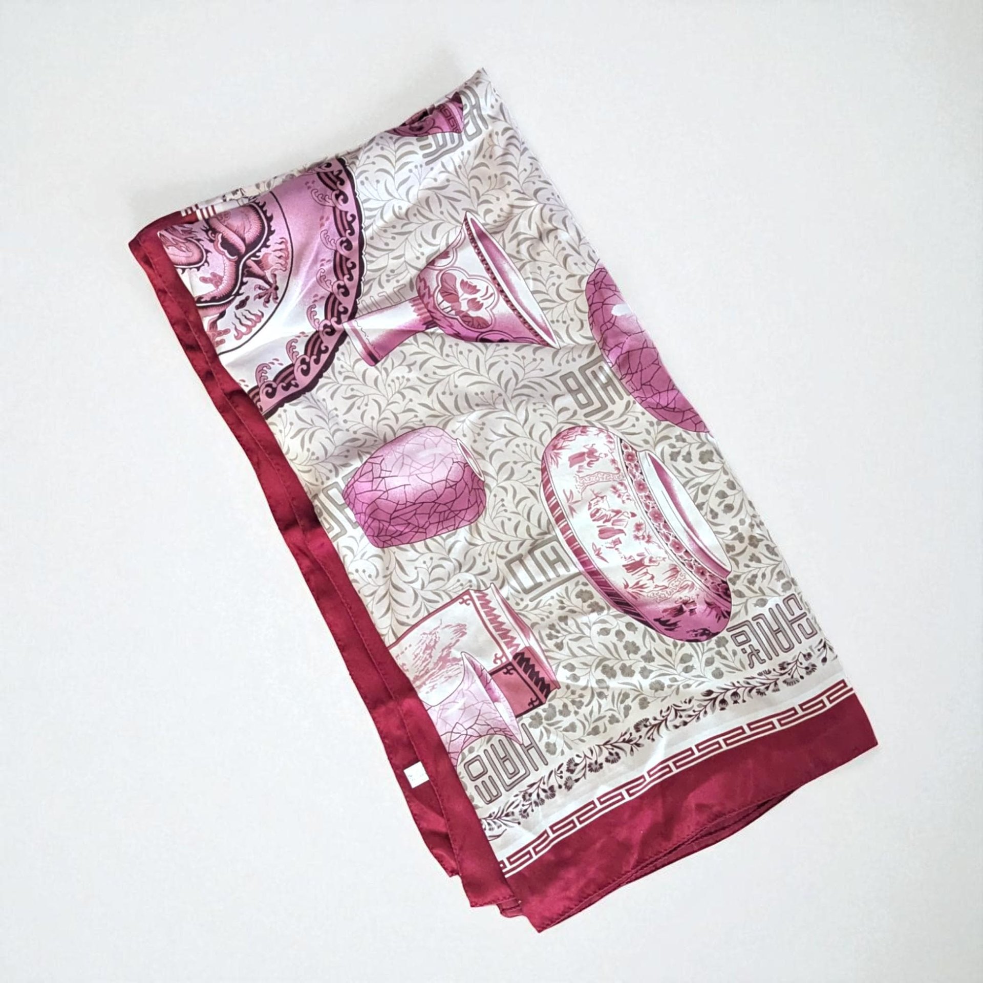 Large Vintage Silk Scarf with Asian Pottery Print, Chinoiserie Dragon Motif Square Scarf in Red and Pink, 42 Inch Womens Head Scarf Shawl