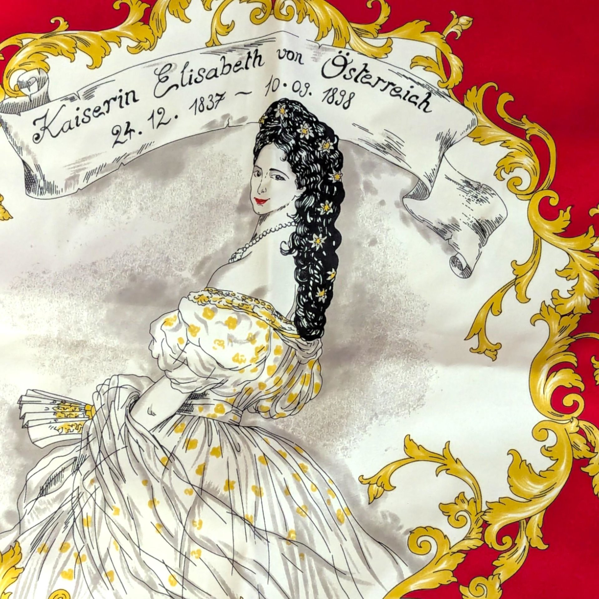 Vintage Striessnig Scarf Empress Sisi of Austria, Kaiserin Elisabeth Royal Portrait Scarf, Red Black Gold Viennese Souvenir Square Scarf