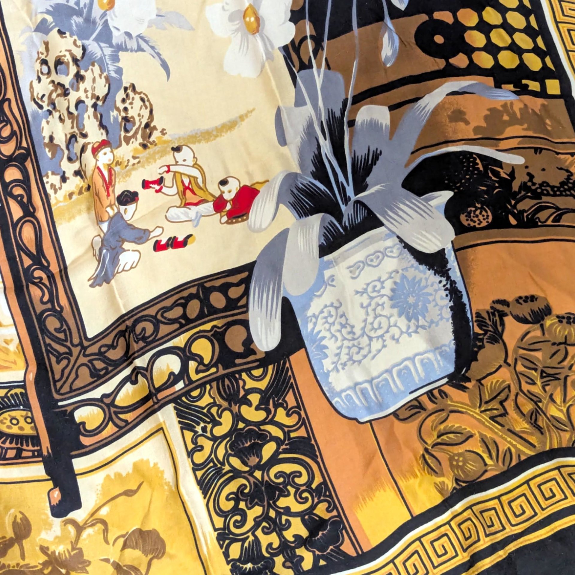 Large Huali Vintage Silk Scarf, Chinoiserie Still Life Print Shawl with Blue White Porcelain, Asian Black and Gold Square Scarf Art