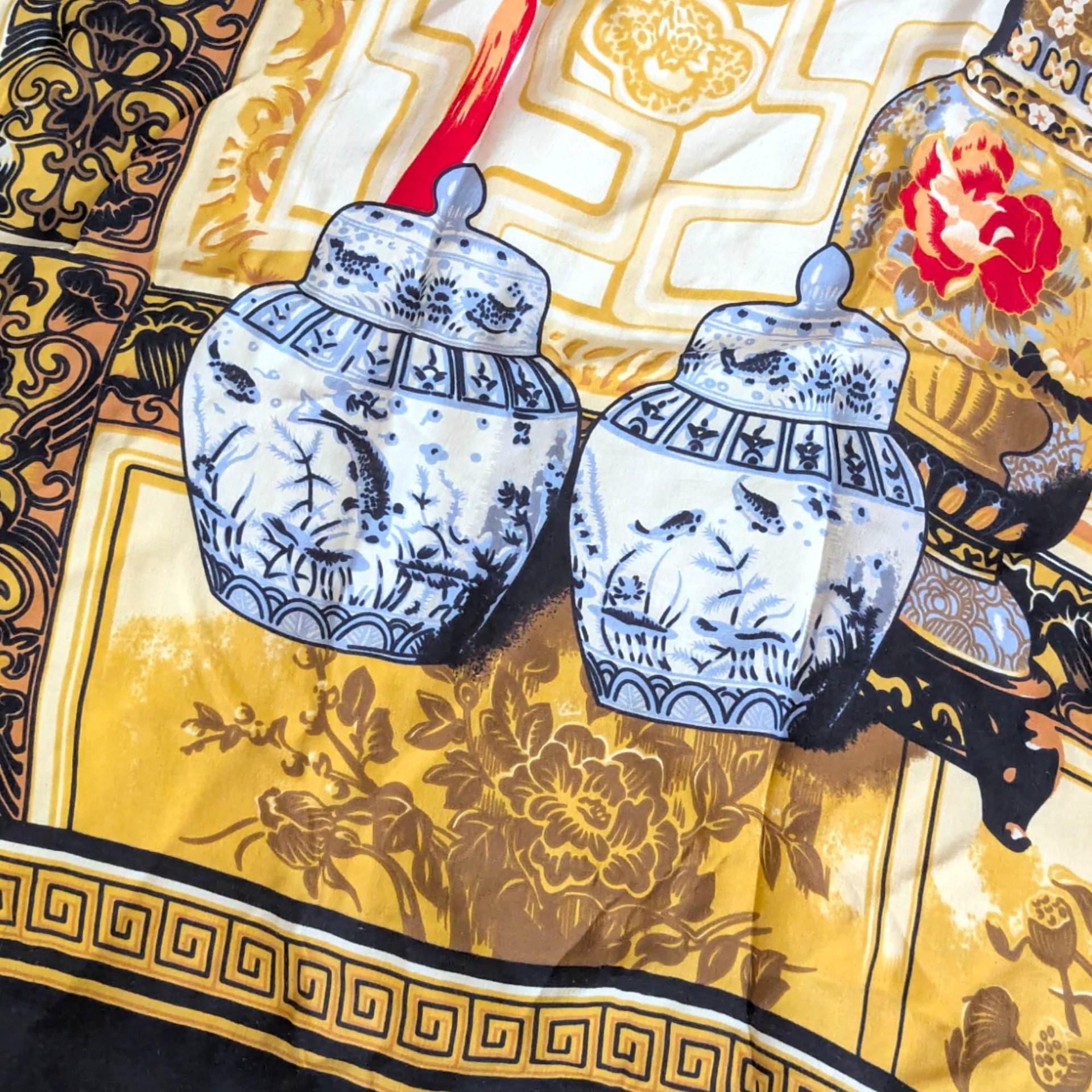 Large Huali Vintage Silk Scarf, Chinoiserie Still Life Print Shawl with Blue White Porcelain, Asian Black and Gold Square Scarf Art
