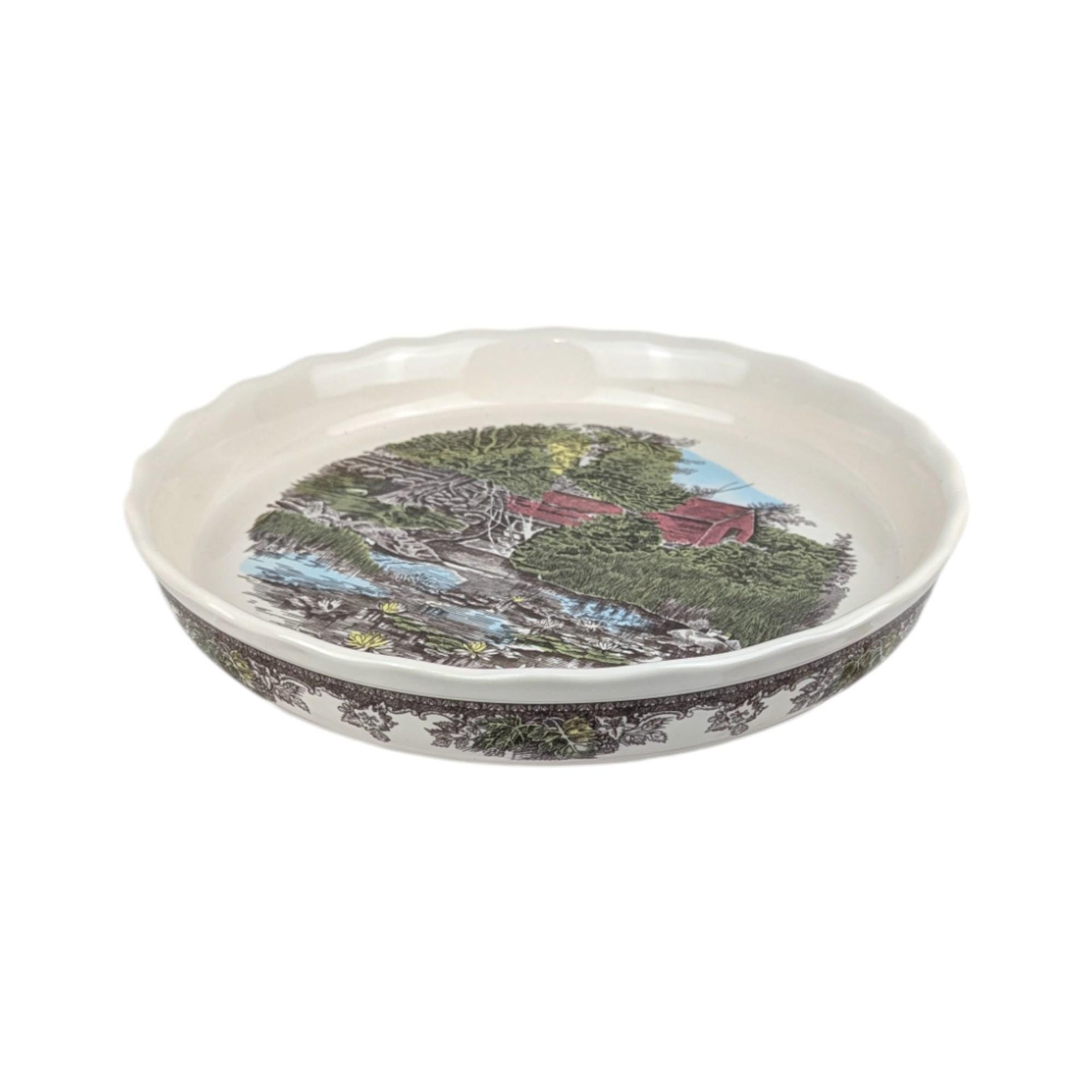Vintage Johnson Bros Friendly Village Pie Plate, The Old Mill Ceramic Baking Dish, 10 Inch English Ironstone, Farmhouse Bakeware