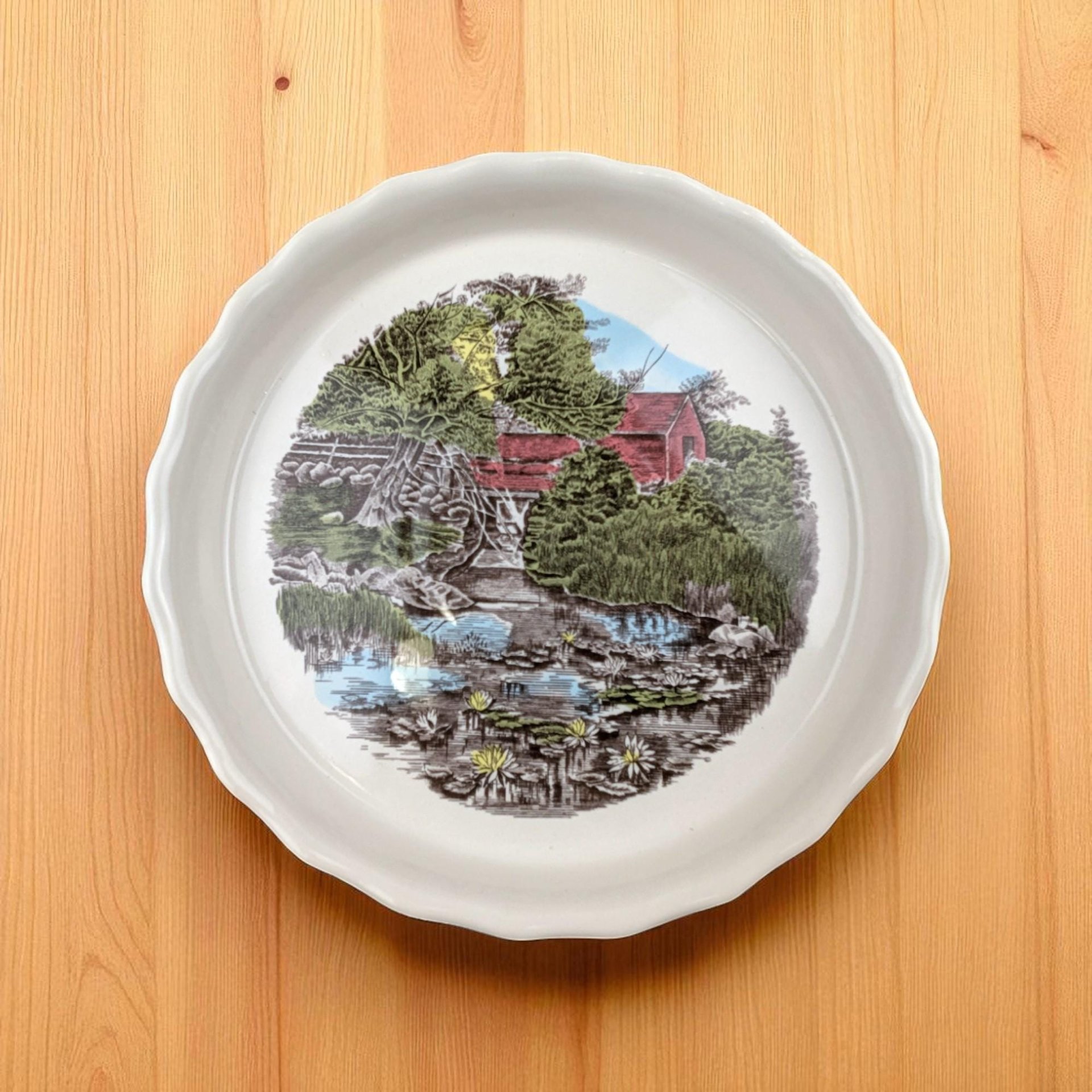 Vintage Johnson Bros Friendly Village Pie Plate, The Old Mill Ceramic Baking Dish, 10 Inch English Ironstone, Farmhouse Bakeware