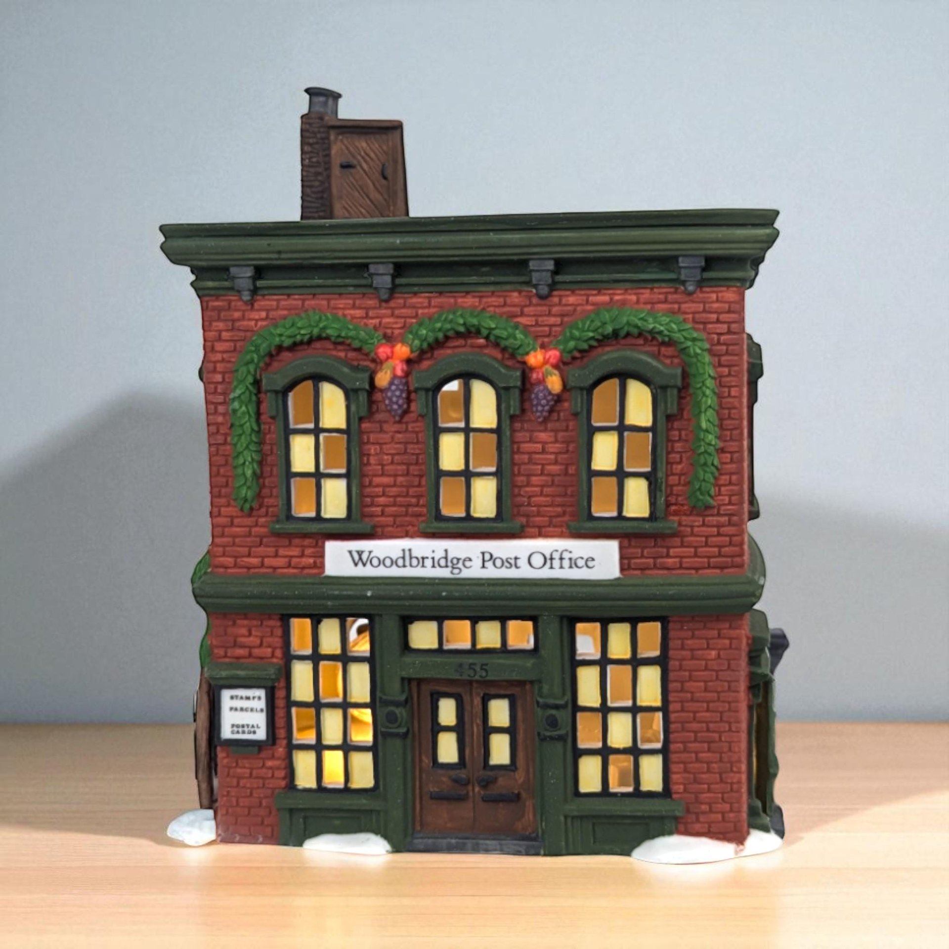 Vintage 1995 Dept 56 Woodbridge Post Office, New England Village Series Lighted Christmas House with Box, D56 Holiday Mantle Decor