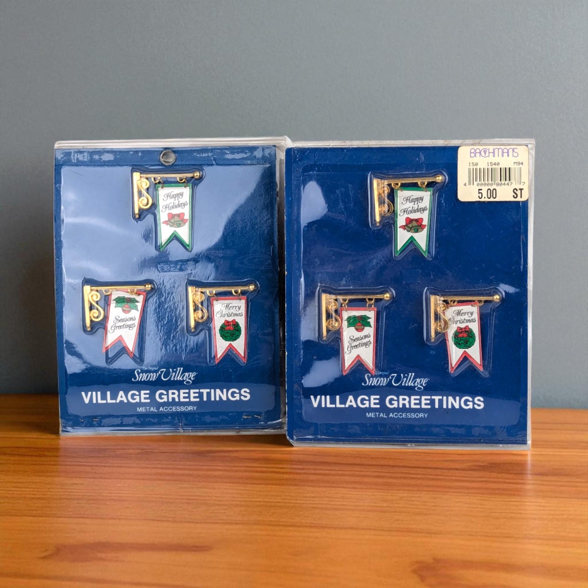 Vintage Dept 56 Snow Village Greetings Signs Set of 6, NOS Metal Holiday Banners for Christmas Village Buildings, D56 Accessory