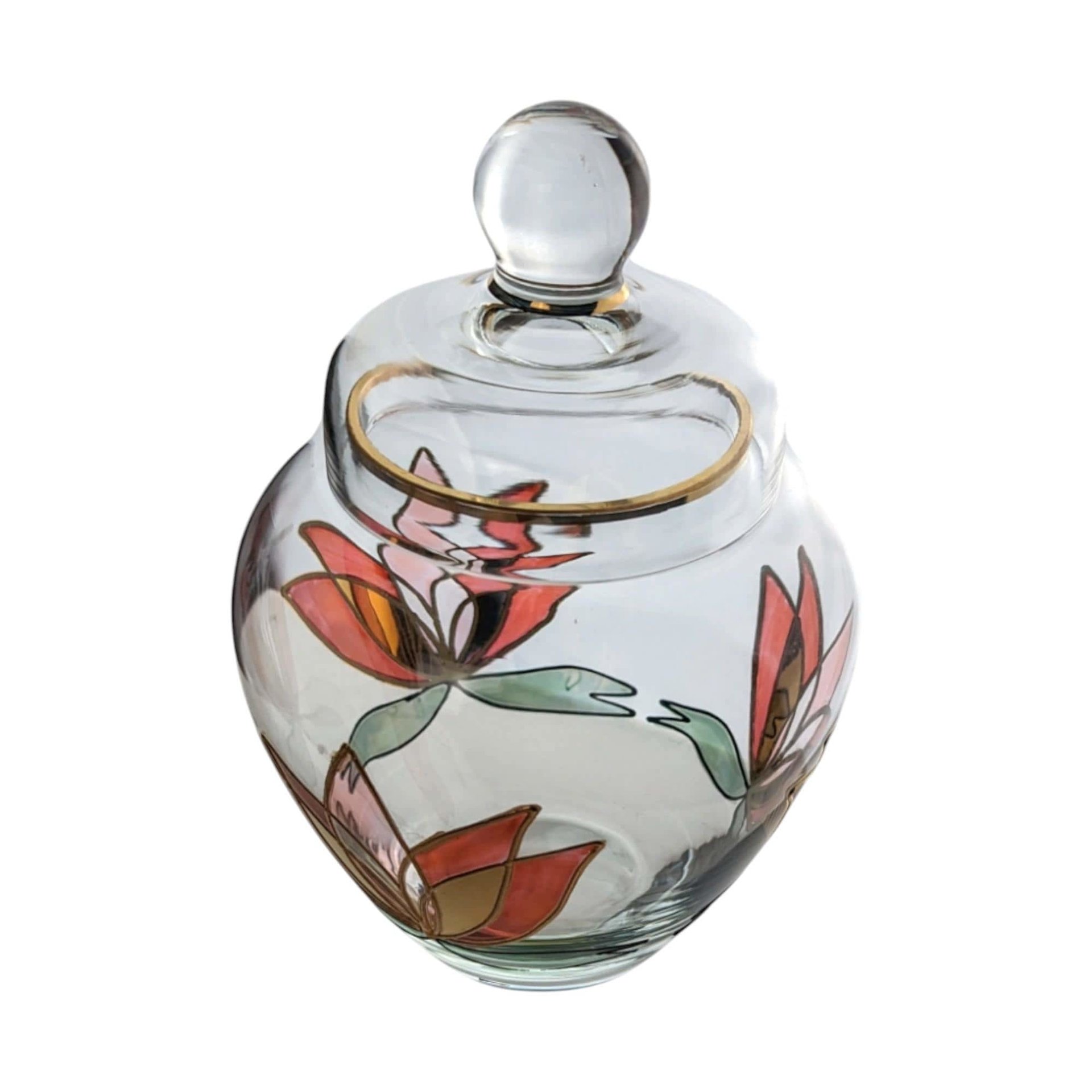 Vintage Lotus Art Glass Jar: Hand-Painted Floral Lidded Bowl