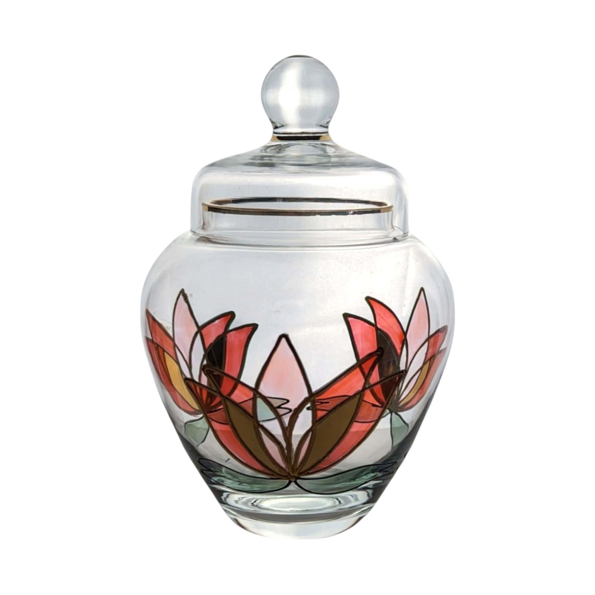 Vintage Lotus Art Glass Jar: Hand-Painted Floral Lidded Bowl