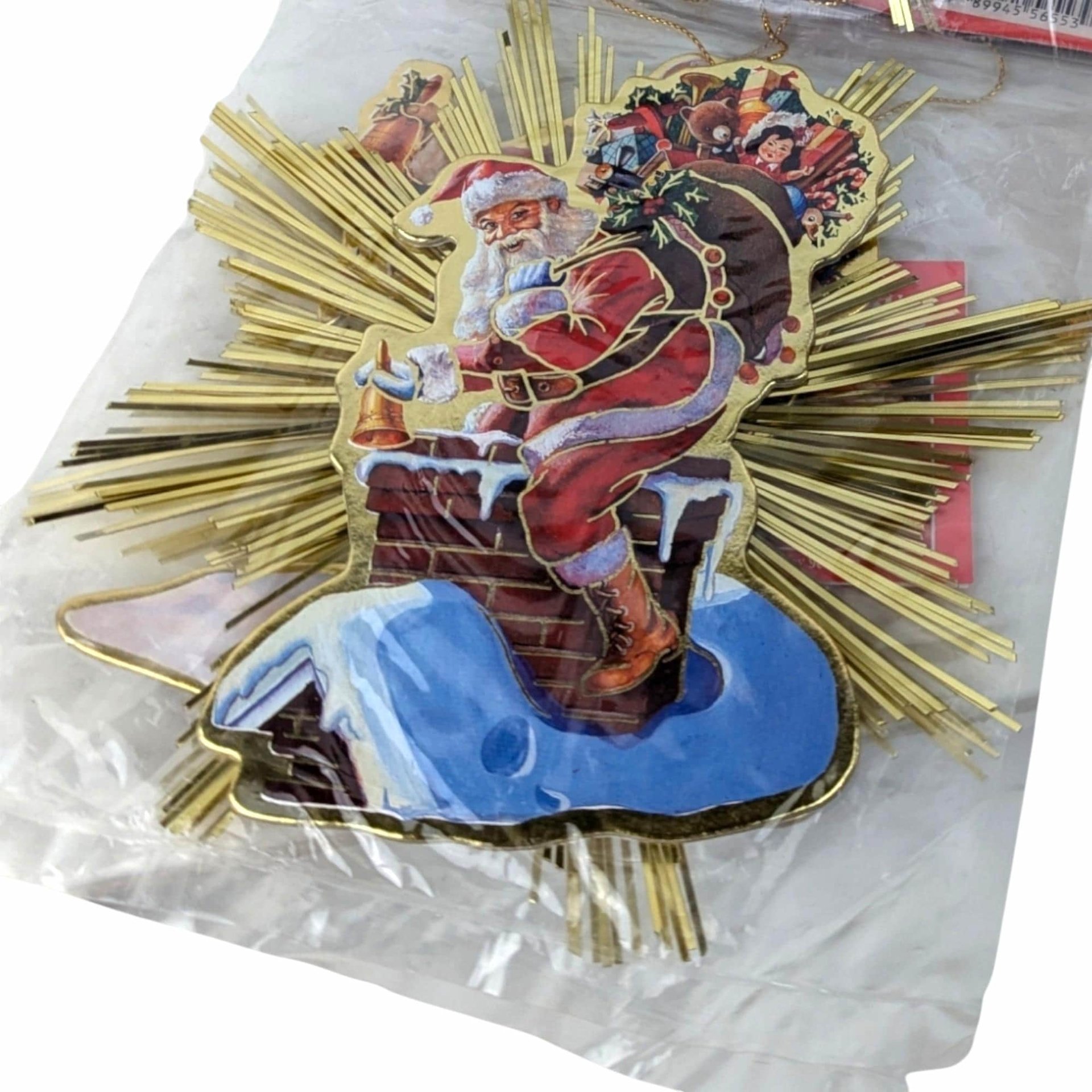 Vintage 1991 Santa Starburst Ornaments: Gold Foil Christmas Decor, Set of 4