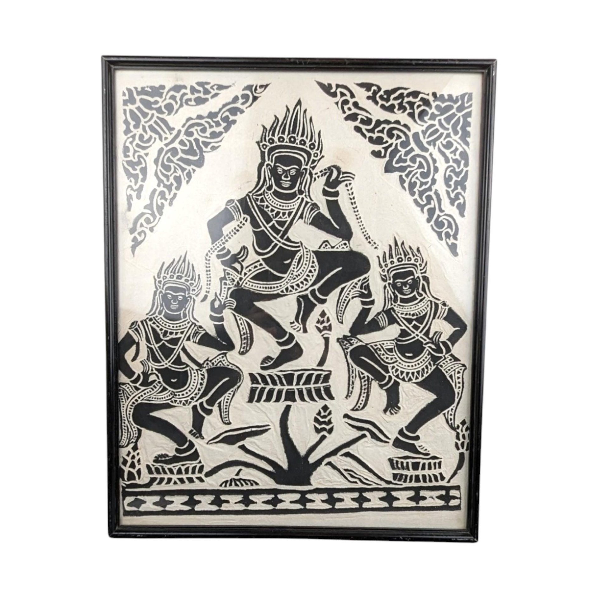 Vintage Framed Apsara dancers on Rice Paper Art: Asian Spiritual Decor