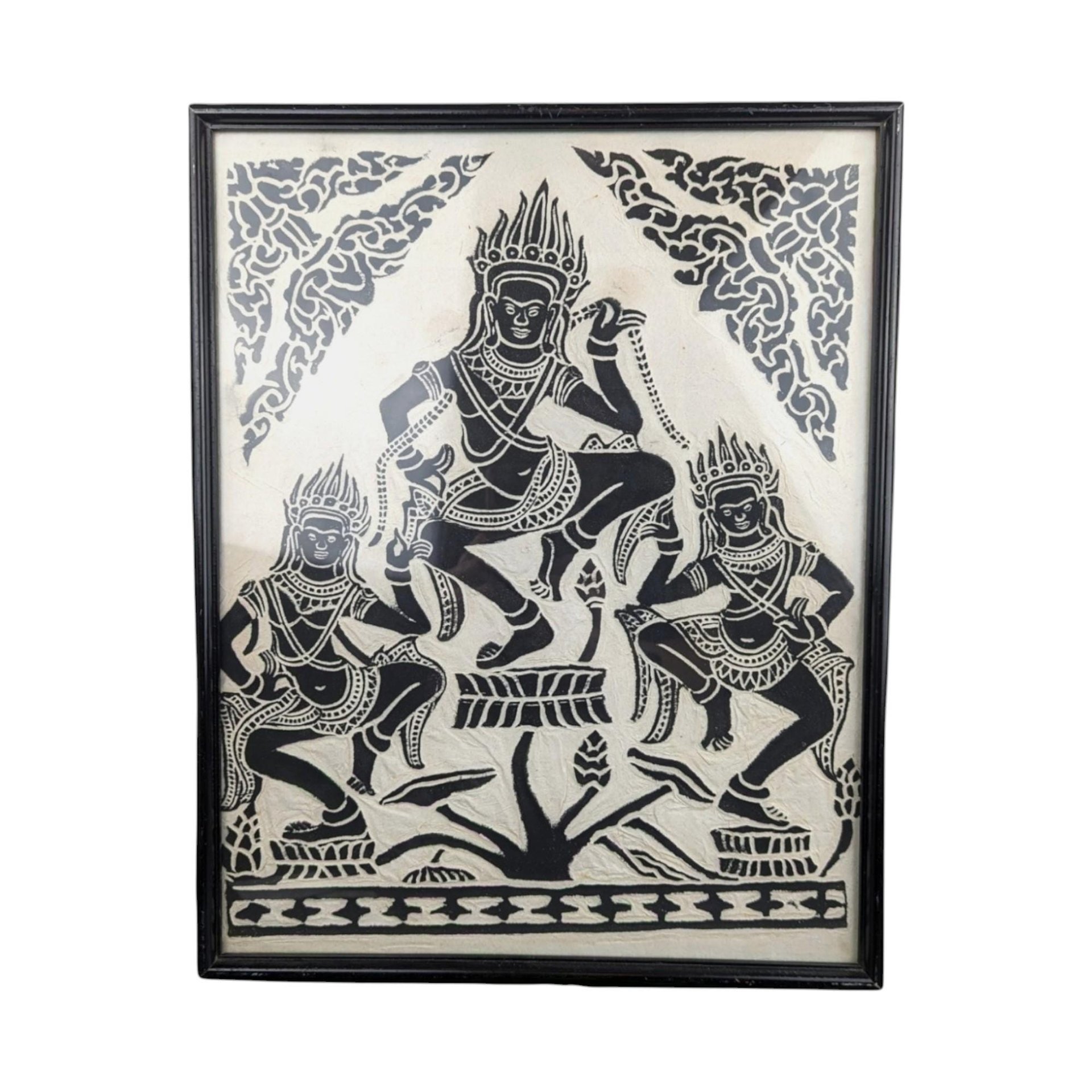 Vintage Framed Apsara dancers on Rice Paper Art: Asian Spiritual Decor