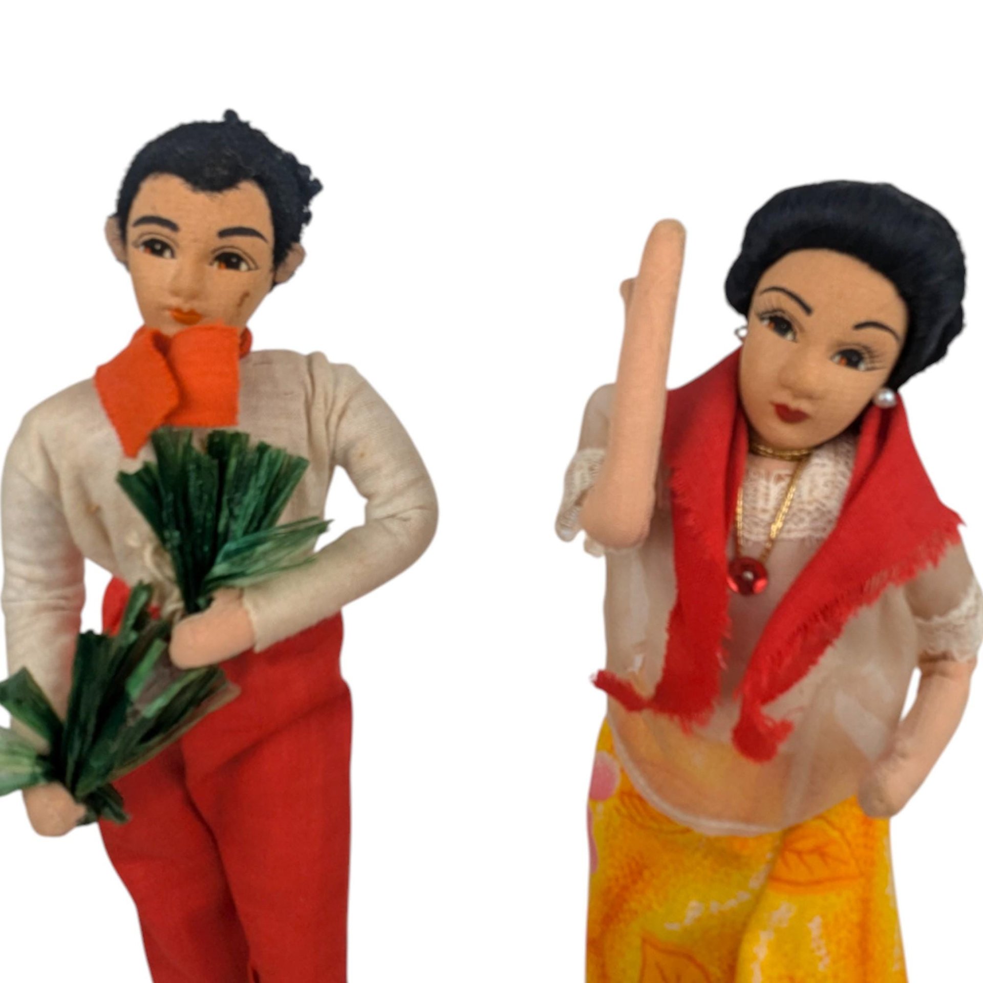 Vintage Filipino Folk Art Doll Couple, Handcrafted Couple Figurines on Wood Stands