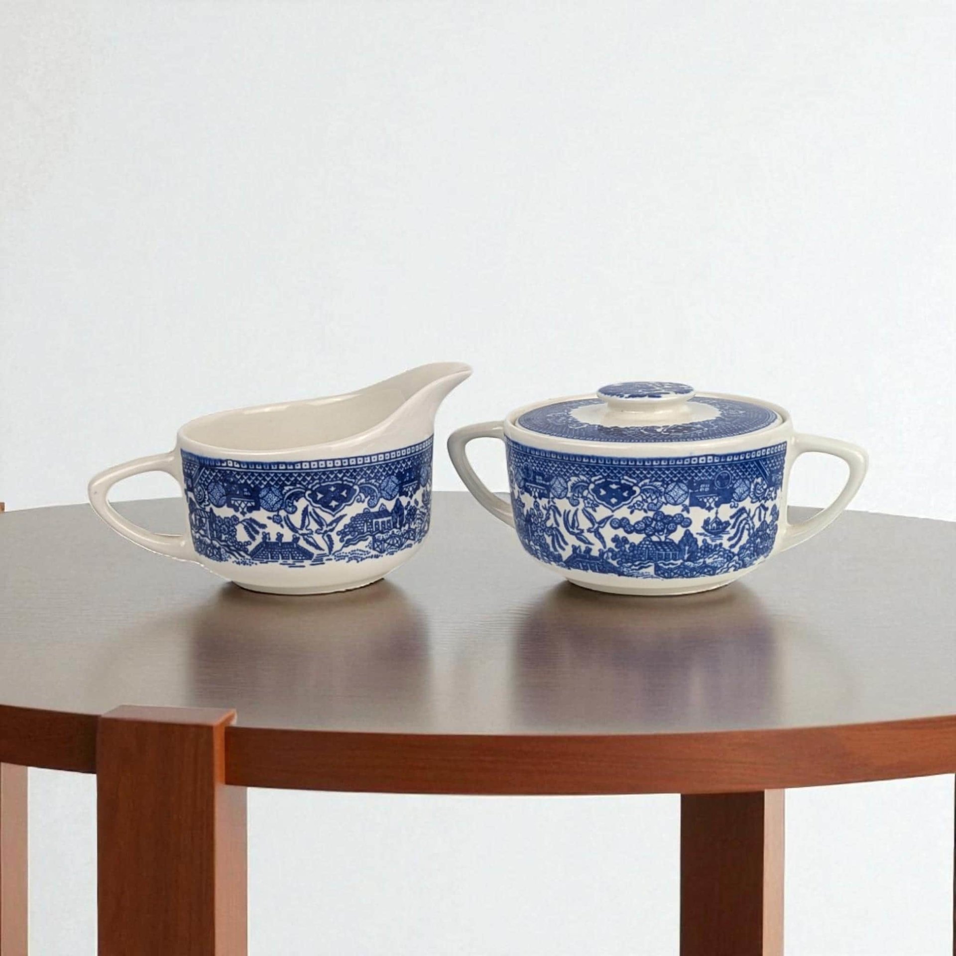 Vintage Royal Blue Willow Cream and Sugar Set: Ceramic Creamer and Lidded Sugar Bowl, Chinoiserie Tea Party Decor