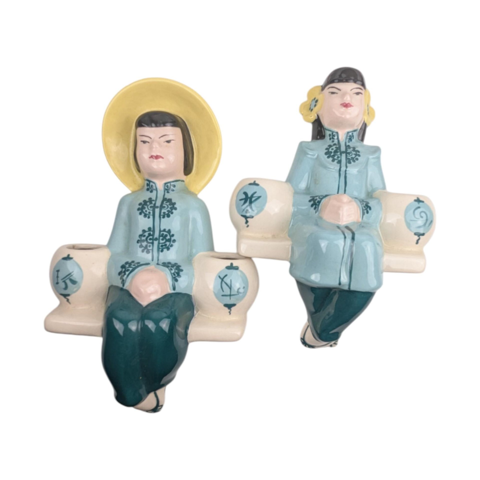Vintage Weil Ware Wall Sconces, Ceramic Asian Figurine Candle Holders: Mid-Century Chinoiserie Wall Decor