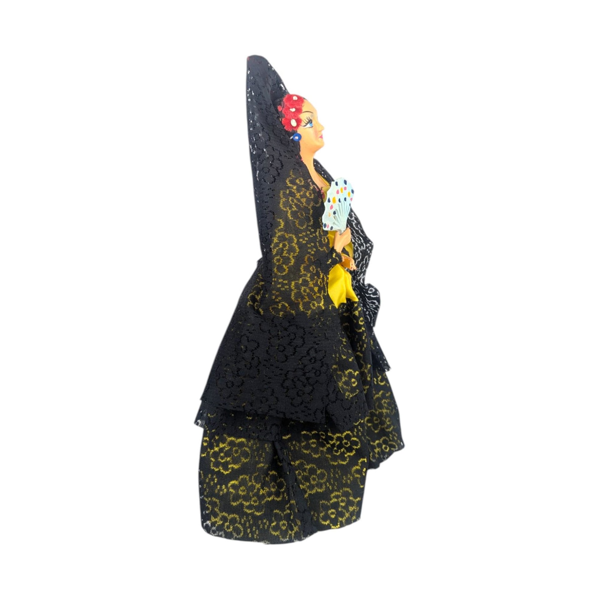 Tall Spanish Lady Figurine: Vintage Doll with Black Lace Mantilla Veil