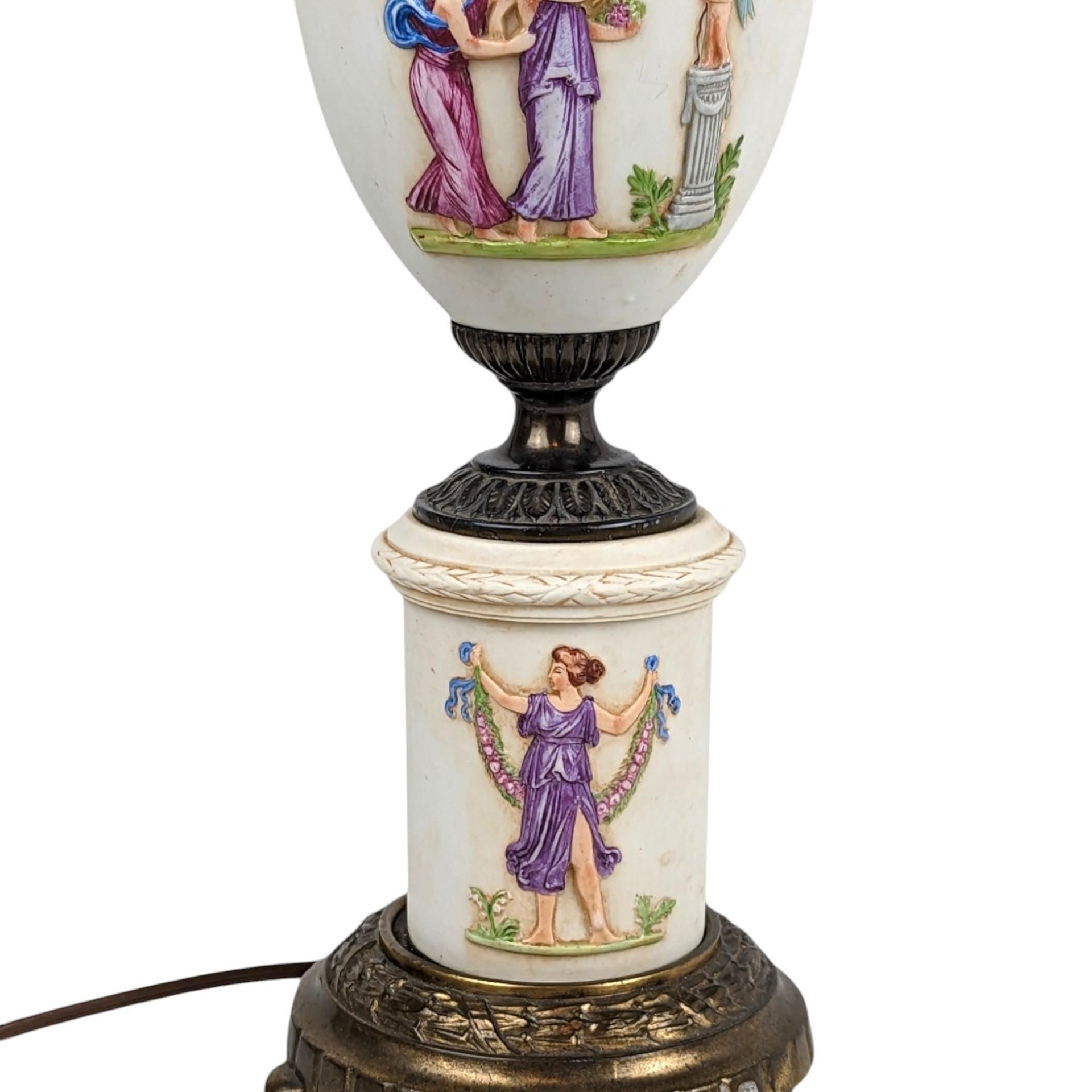Antique Italian Ceramic Urn Lamp: Neoclassical Double Light Table Lamp