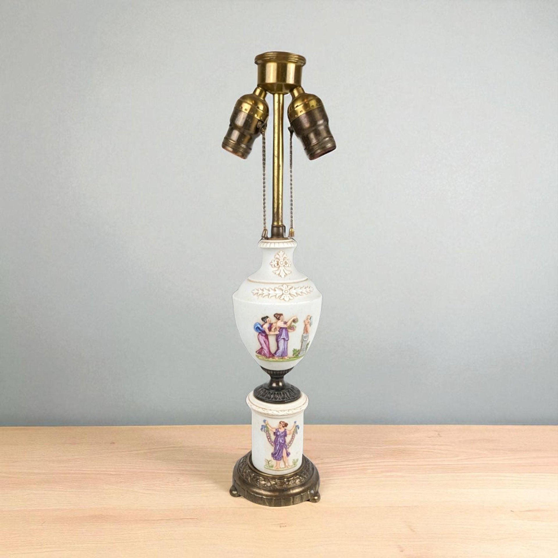 Antique Italian Ceramic Urn Lamp: Neoclassical Double Light Table Lamp