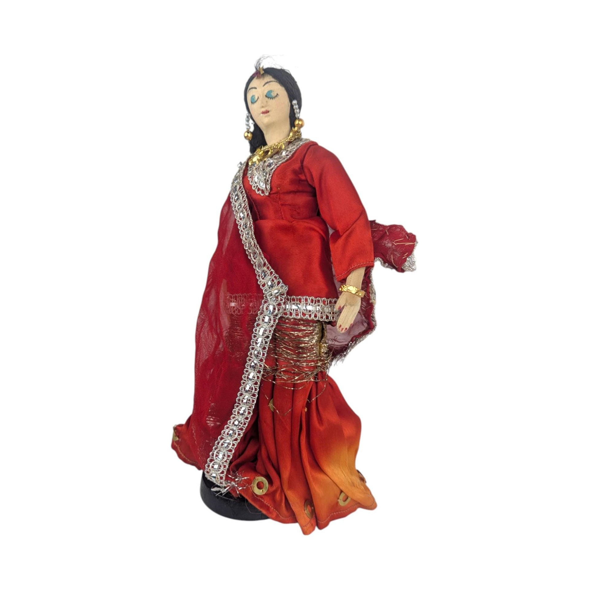 Indian Woman Dancer Figurine: Vintage Red Saree Textile Doll, 11"