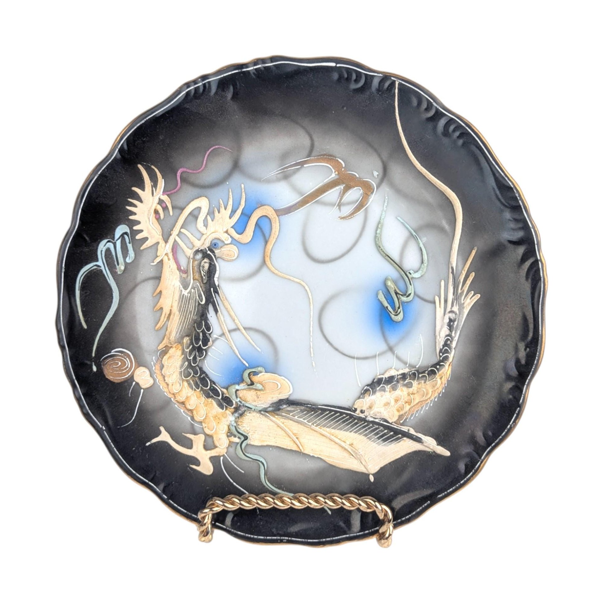 Vintage Dragon Plates Pair, Set of 2 Japanese Moriage Lusterware, Black Ceramic Salad Plates, Dragonware Decor