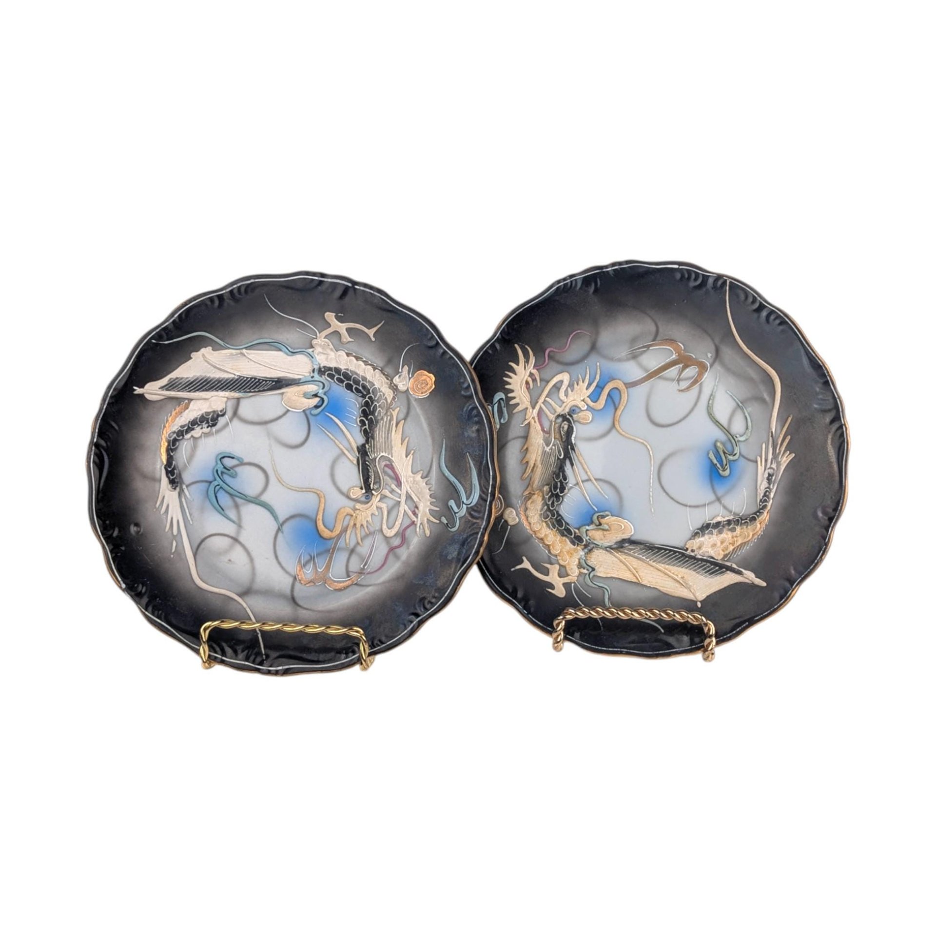 Vintage Dragon Plates Pair, Set of 2 Japanese Moriage Lusterware, Black Ceramic Salad Plates, Dragonware Decor