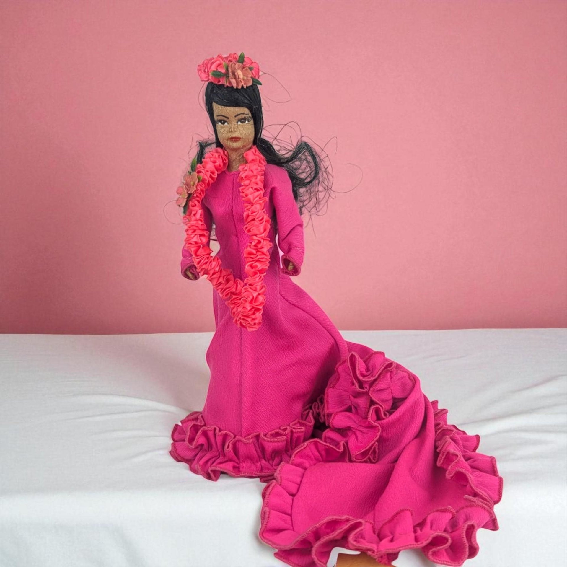 Vintage Makaleka Hawaiian Princess Doll: Pink Ruffled Gown and Lei Souvenir Doll