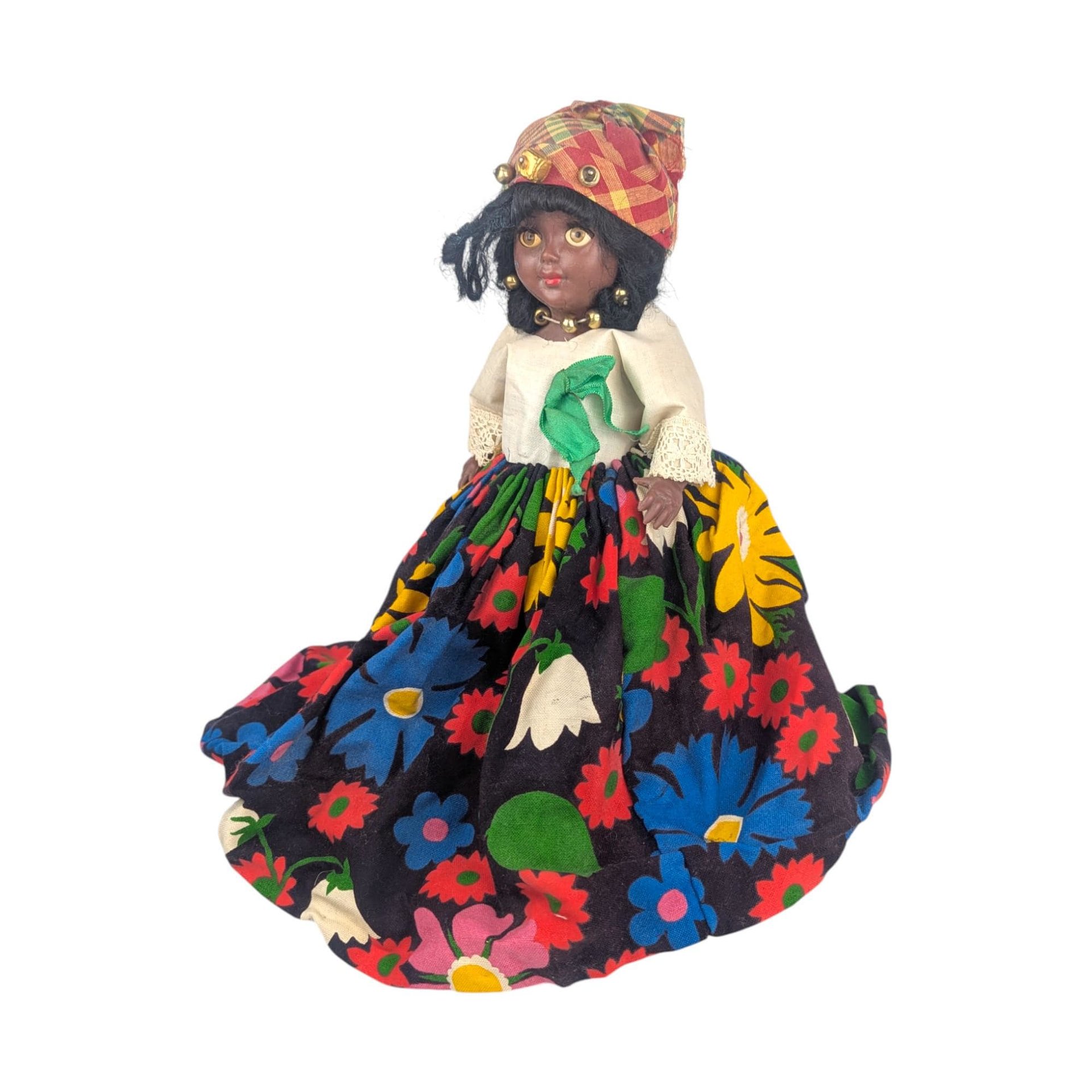 Vintage Caribbean Folk Art Doll: Creole Woman in Traditional Floral Dress