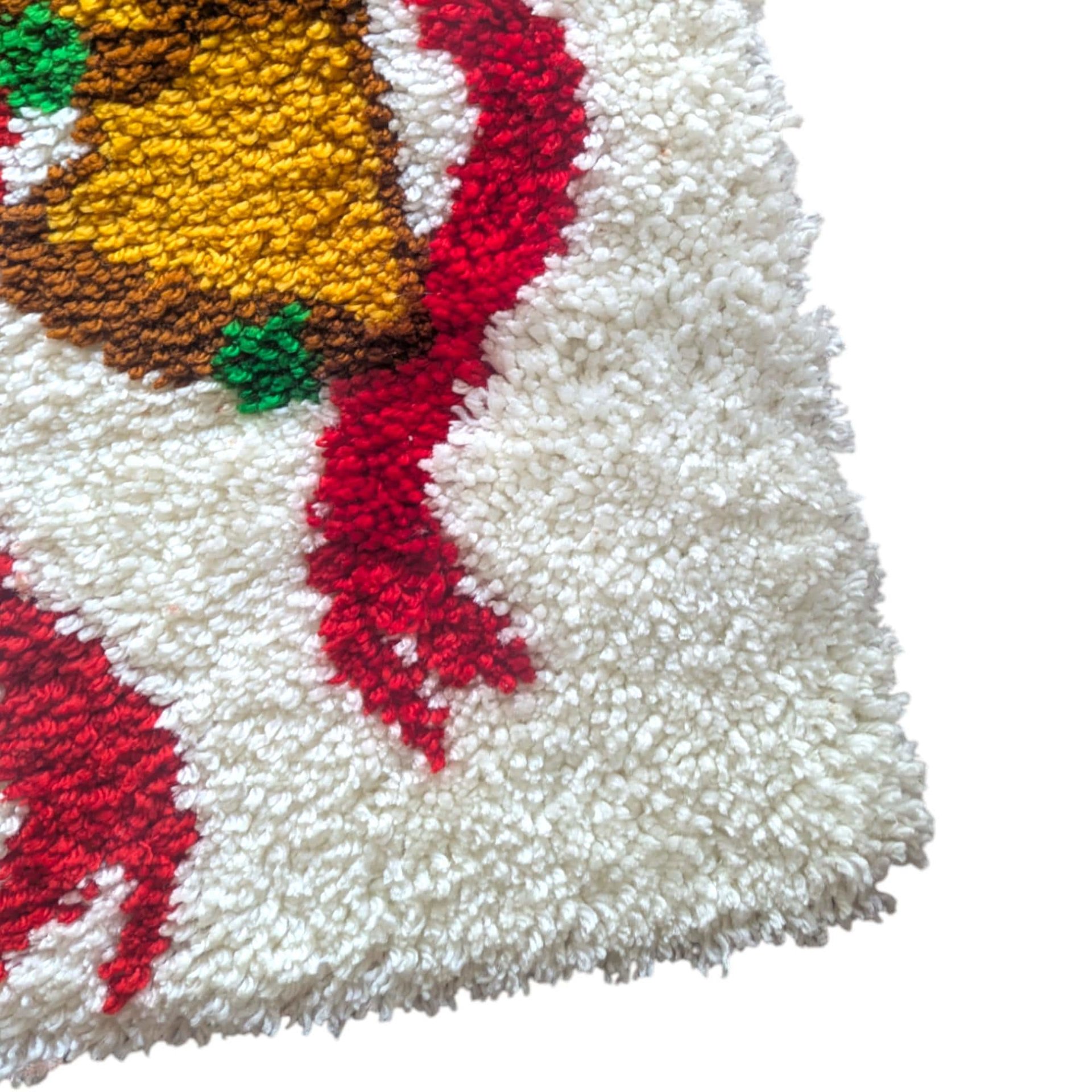 Vintage Christmas Latch Hook Rug: Handmade Poinsettia and Bells Wall Hanging