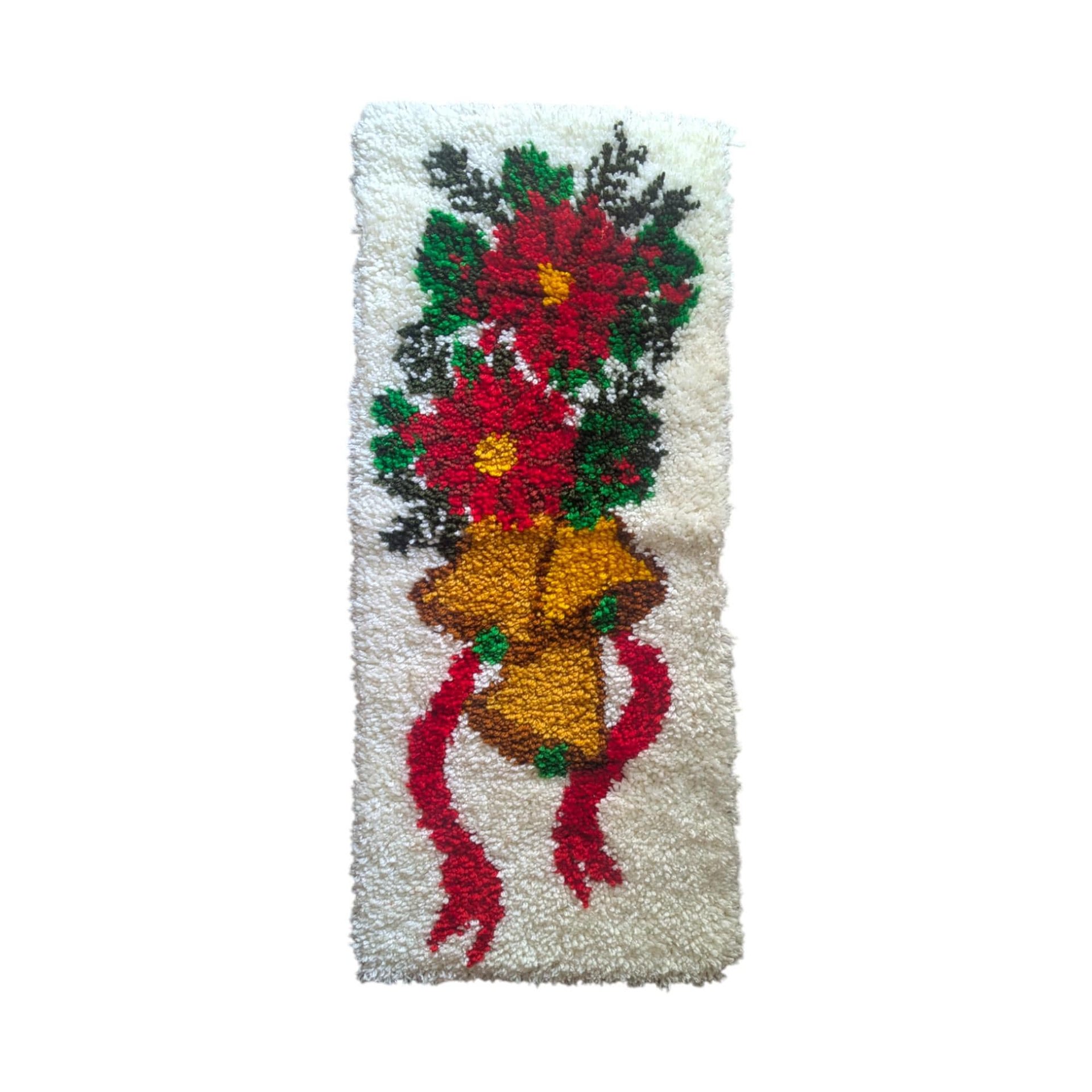 Vintage Christmas Latch Hook Rug: Handmade Poinsettia and Bells Wall Hanging