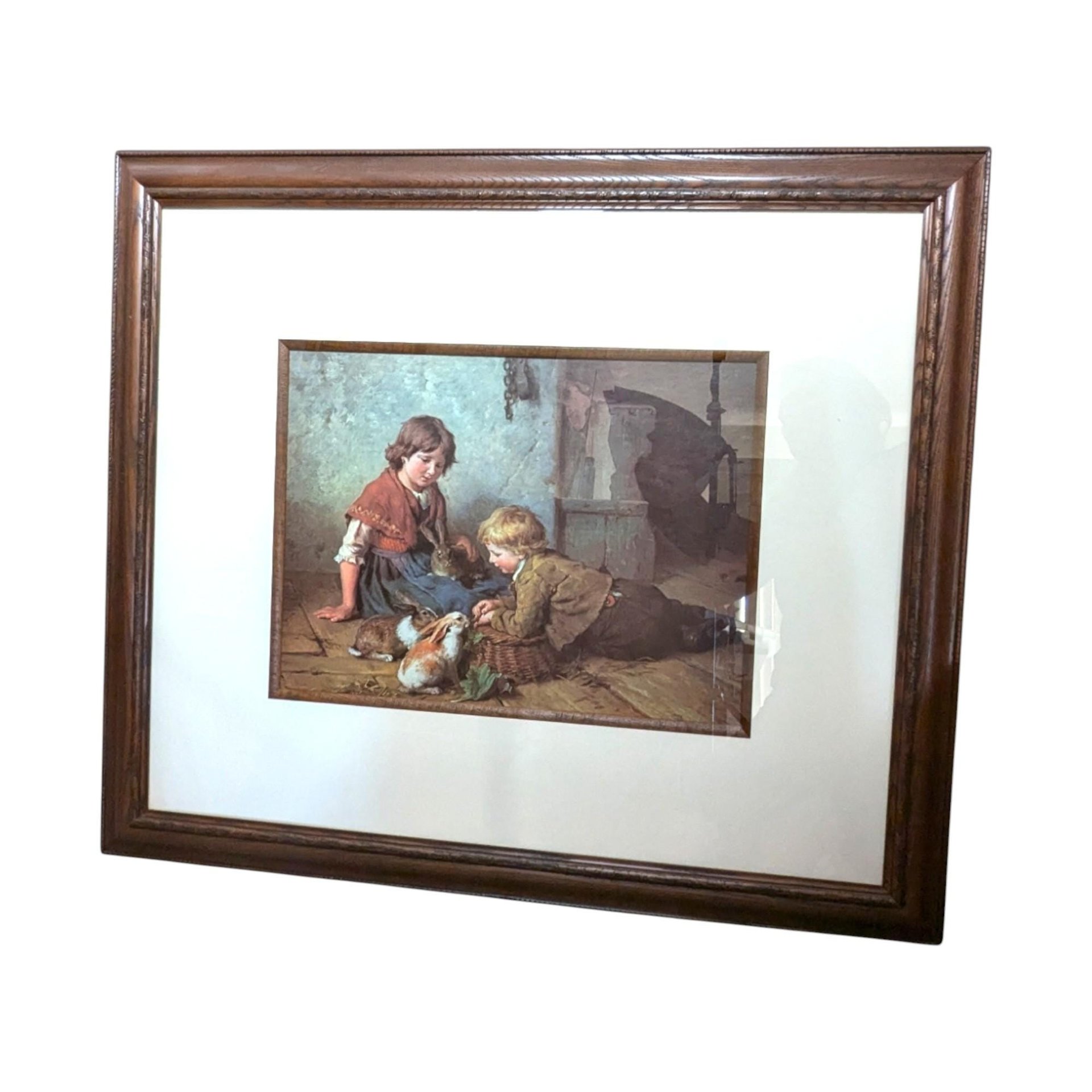 Vintage "Feeding the Rabbits" Print: Framed Nursery Art by Felix Schlesinger