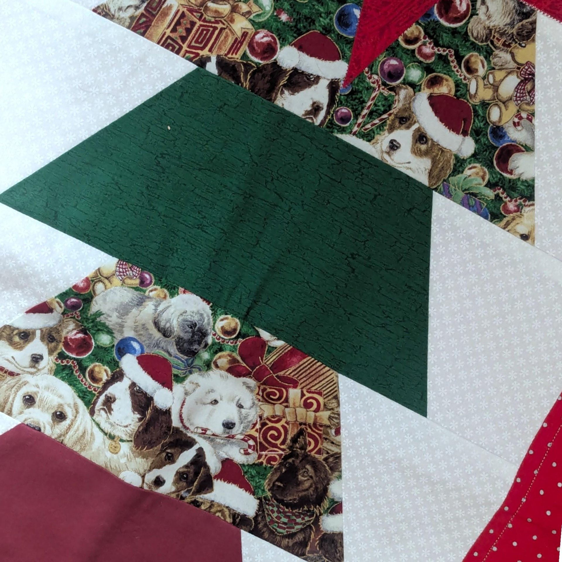 Vintage Handmade Quilted Table Runner: Christmas Dog Print with Red Star