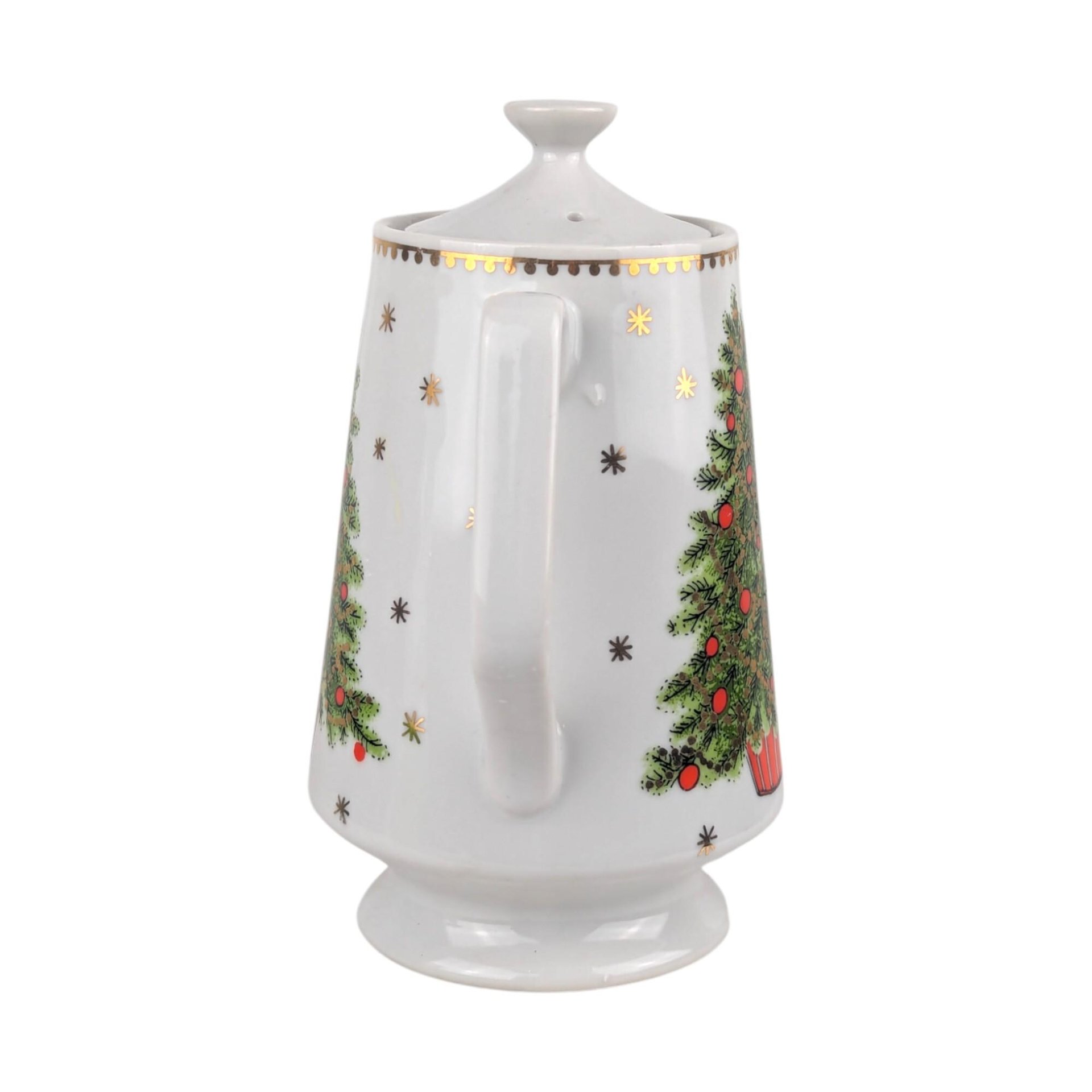 Vintage George Good Christmas Coffee Pot: Porcelain Holiday Coffee Pot with Gold Stars
