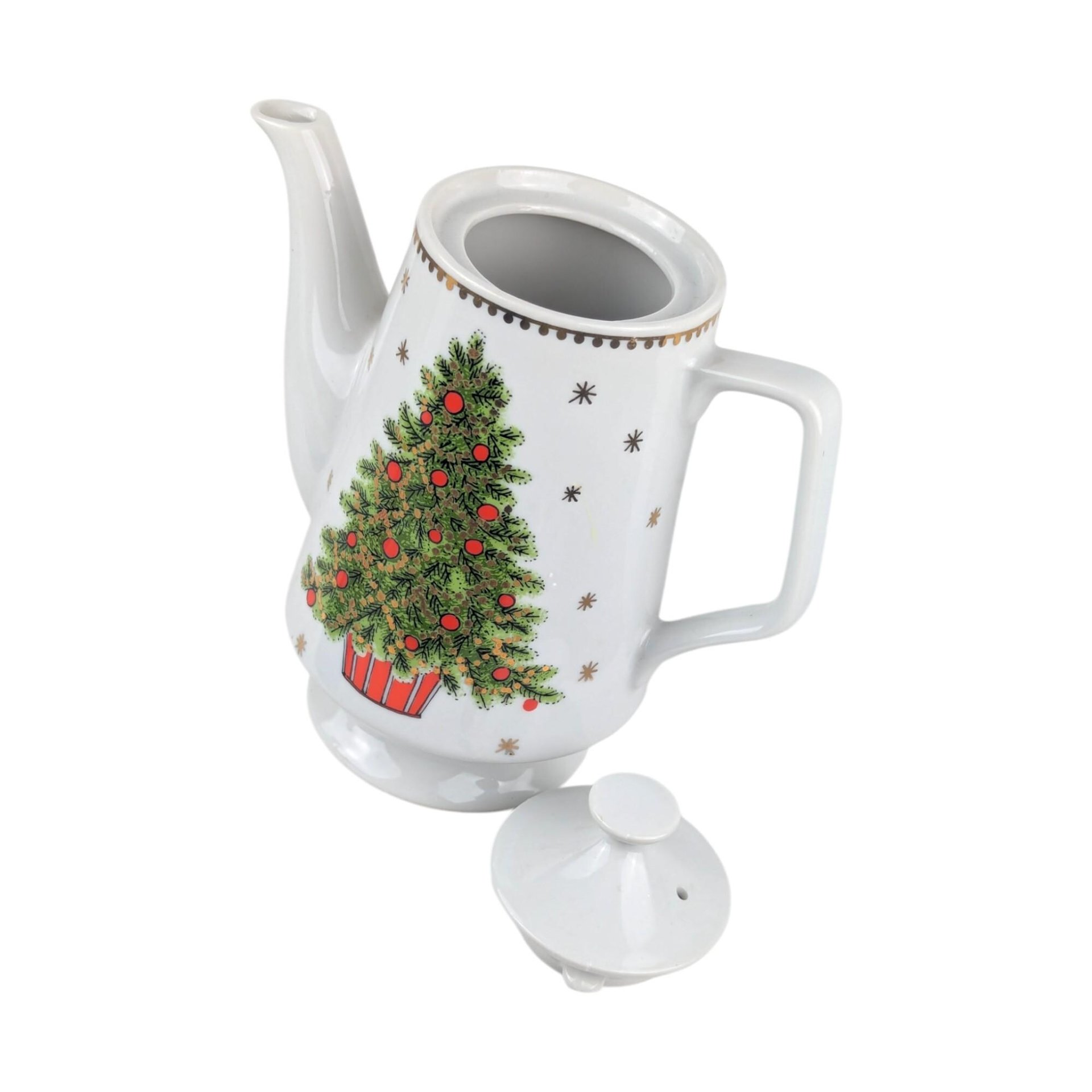 Vintage George Good Christmas Coffee Pot: Porcelain Holiday Coffee Pot with Gold Stars