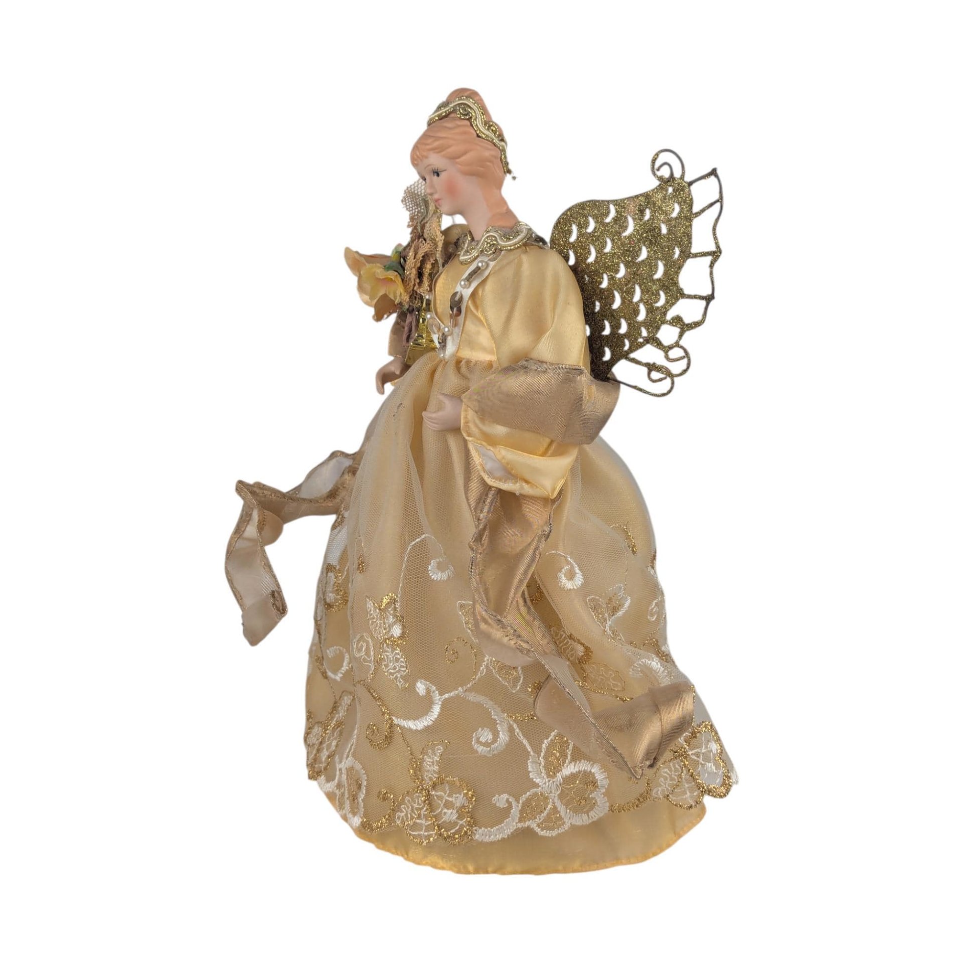 Vintage Gold Angel Tree Topper: Christmas Figurine with Porcelain Head and Glitter Wings