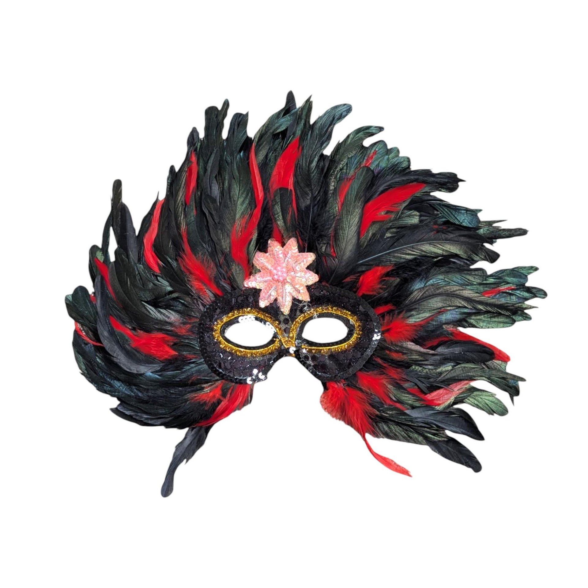 Vintage Feather Mardi Gras Mask: Black & Red Masquerade Wall Decor