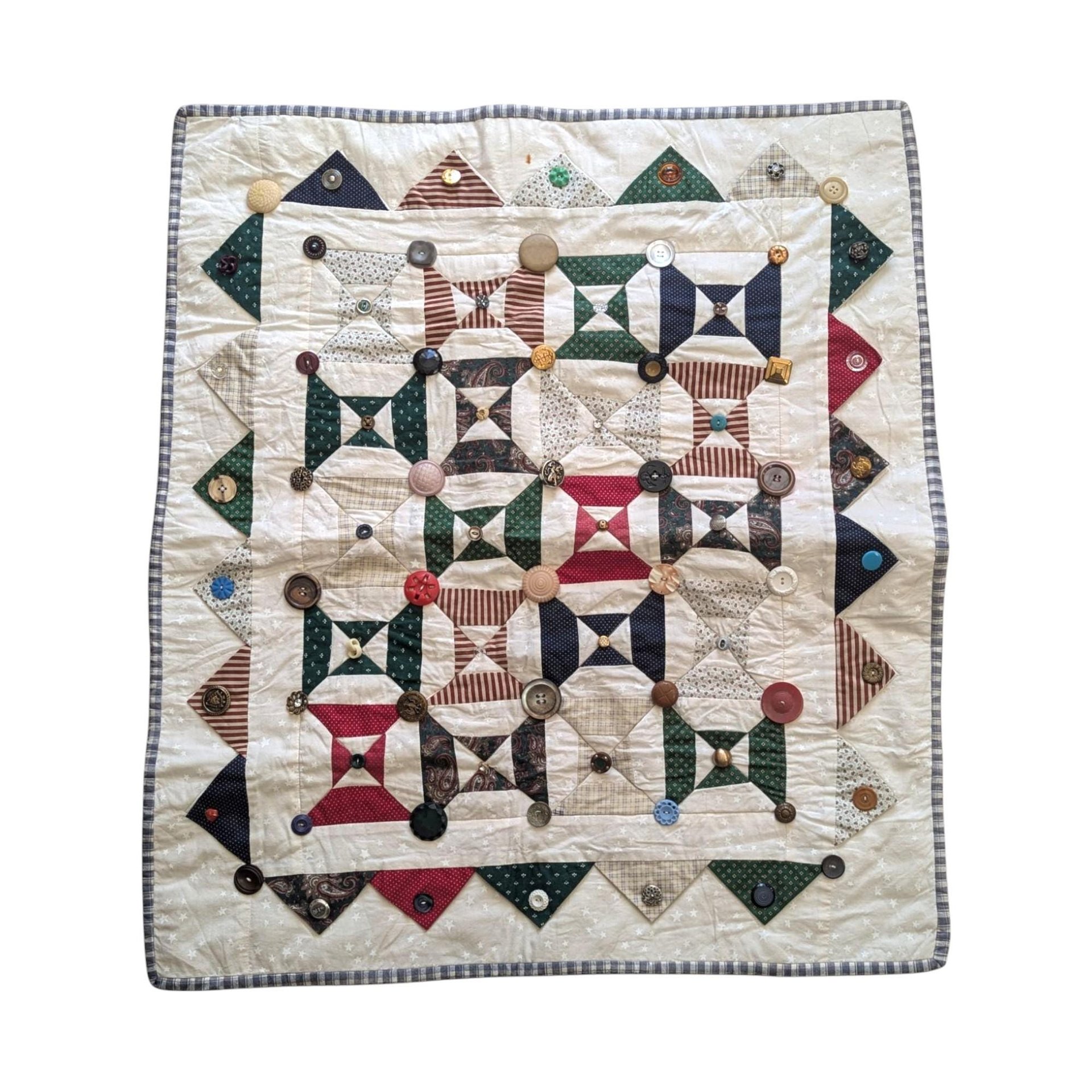 Handmade Patchwork Quilt: Vintage Style Throw Blanket with Button Accents