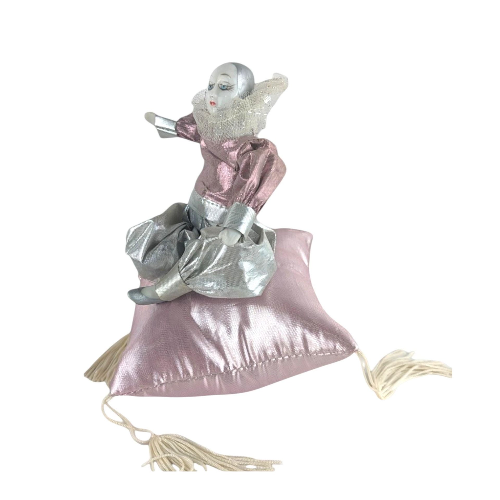 Vintage Harlequin Doll: Pink & Silver Jester, 6 Inch Clown on Pillow