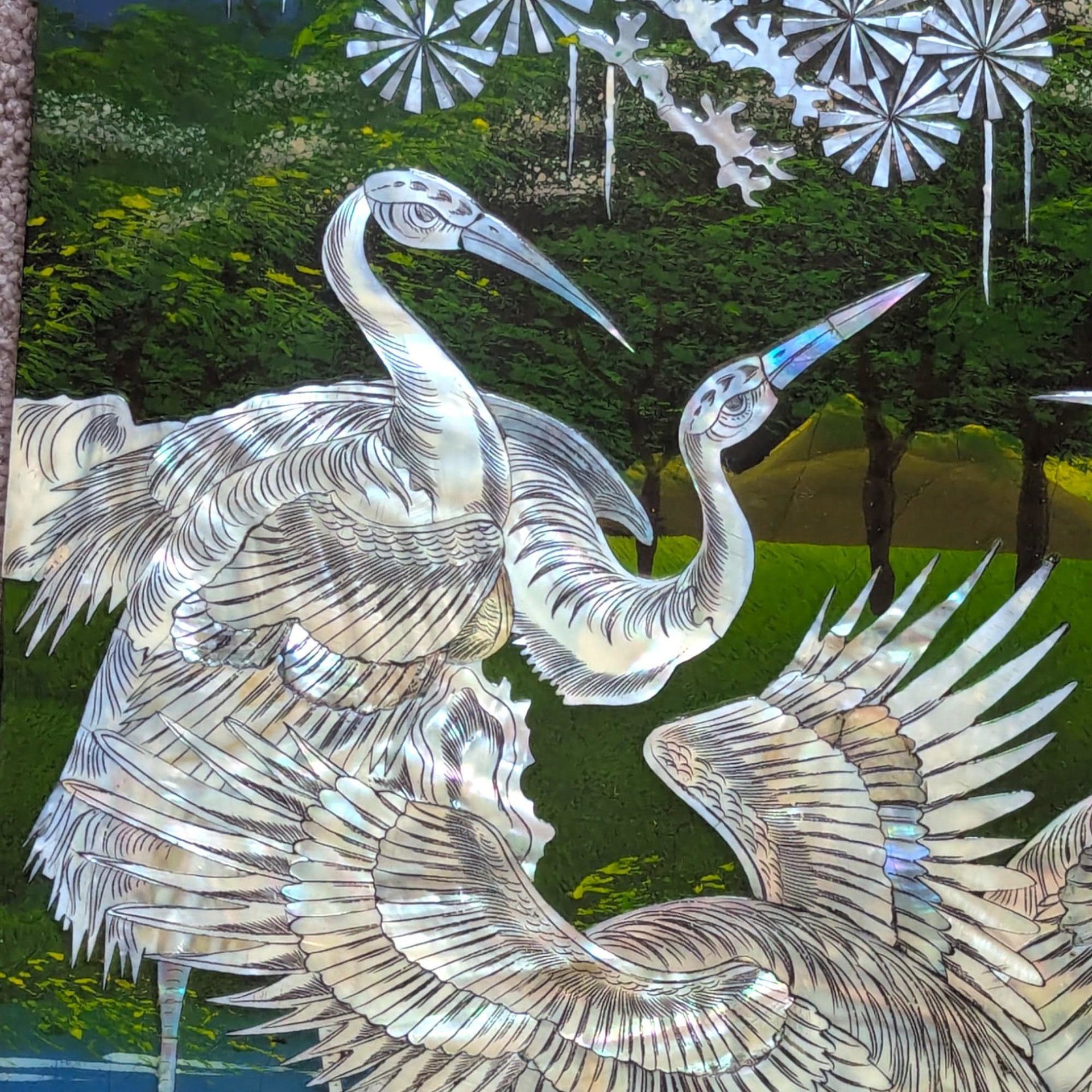Vintage Mother of Pearl Inlay Panel, Large Asian Lacquer Wall Art with Cranes, Scenic Bird Wall Hanging, Oriental Decor