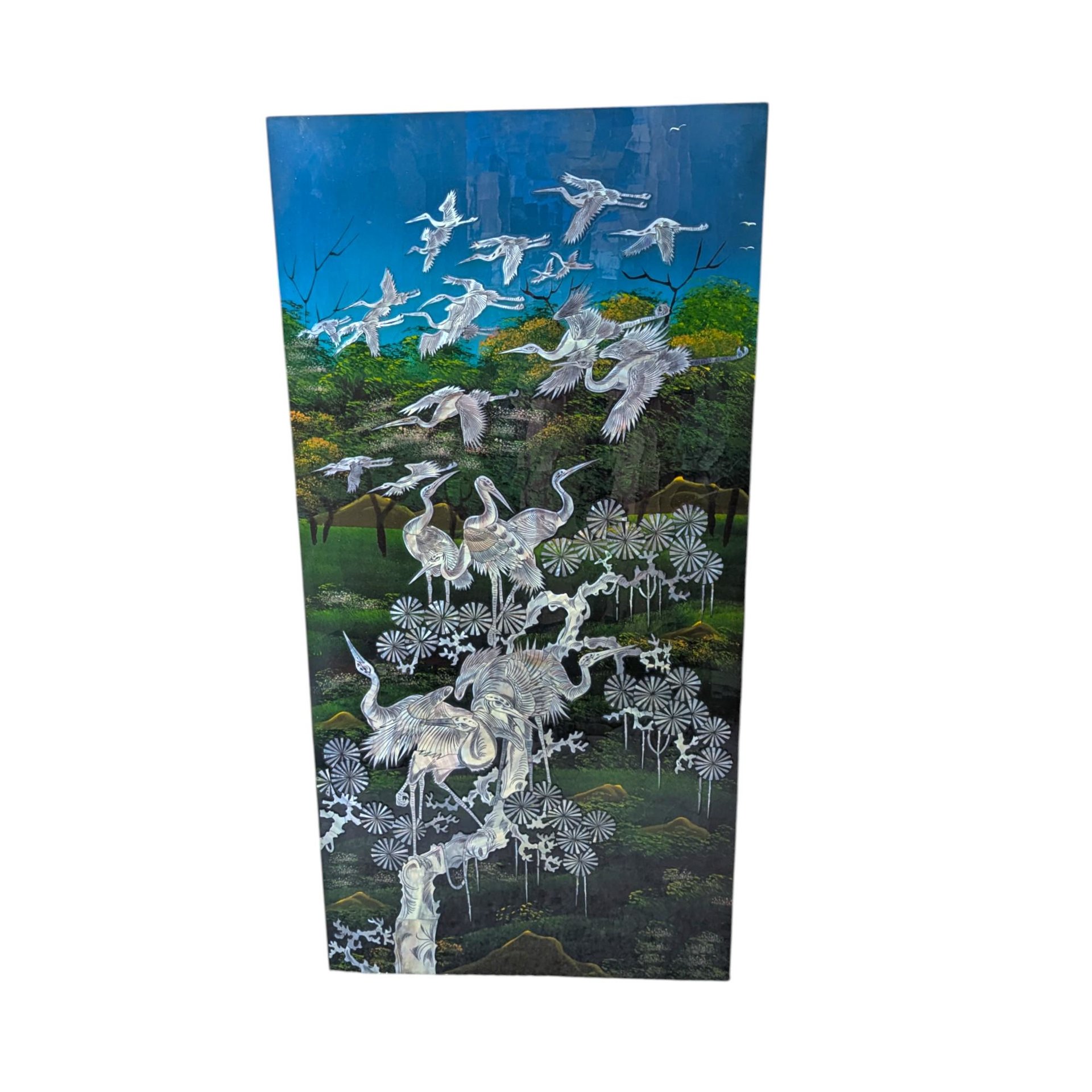 Large Mother of Pearl Wall Plaque, Vintage Asian Lacquer Art Panel with Cranes, Bird Decor, Oriental Wall Hanging
