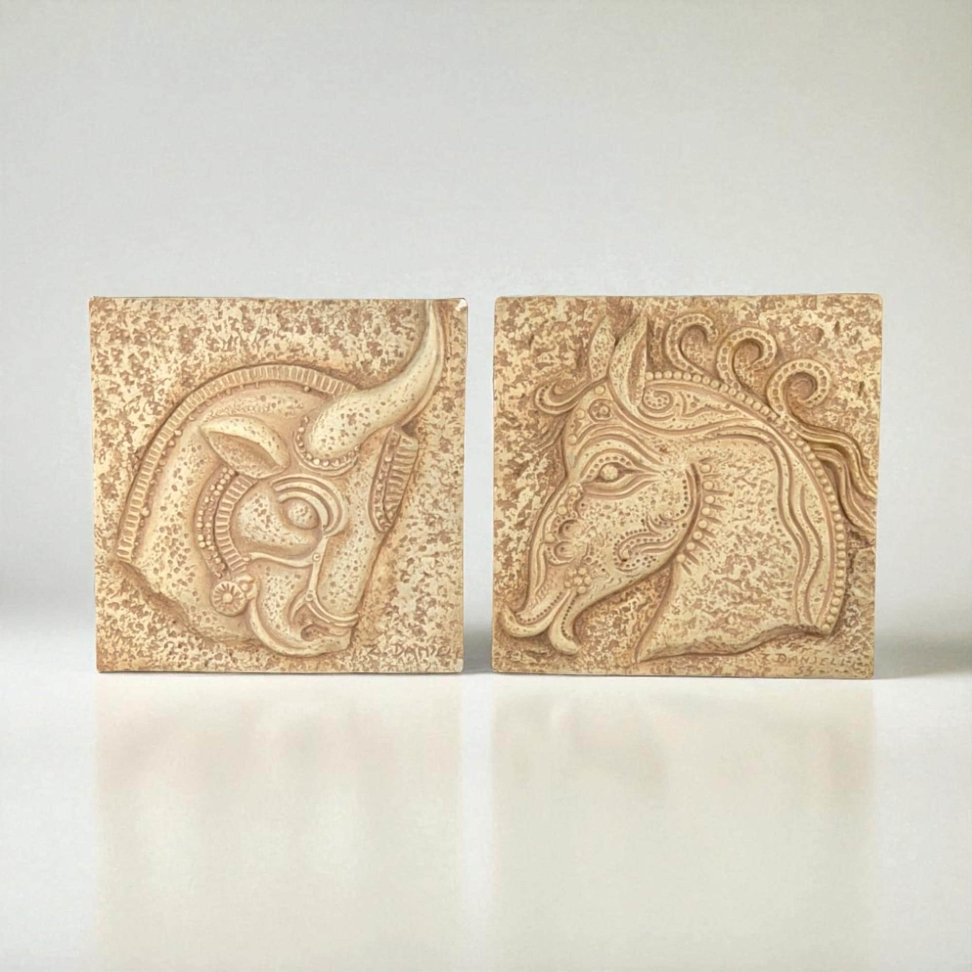 Vintage Greek Plaster Wall Plaques: Horse and Bull Relief Art