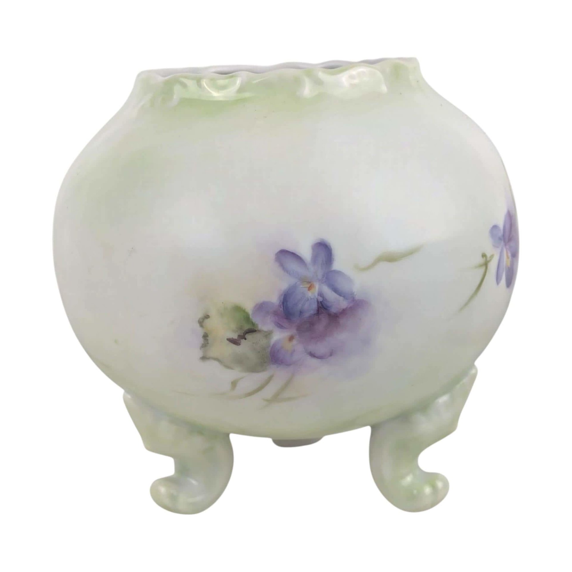 Vintage Footed Bowl/Vase with Hand Painted Violets, Art Nouveau Style Porcelain Planter, Purple Floral Vanity Dish, Cottagecore Candy Bowl