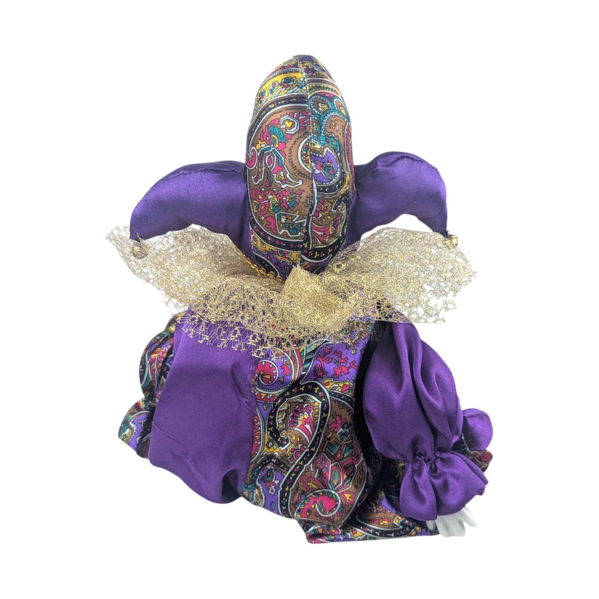 Vintage Porcelain Jester Doll Shelf Sitter, Purple Harlequin Figurine, Collectible Pierrot Clown Decor, Whimsical Mantel Display
