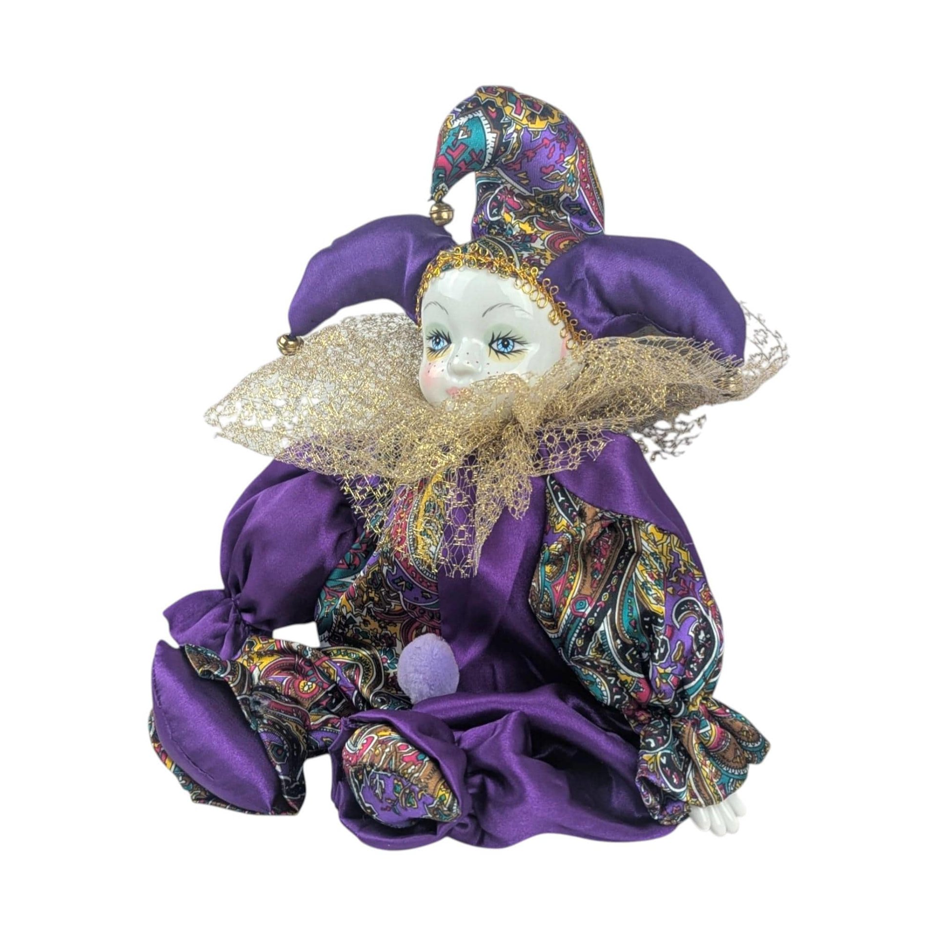 Vintage Porcelain Jester Doll Shelf Sitter, Purple Harlequin Figurine, Collectible Pierrot Clown Decor, Whimsical Mantel Display